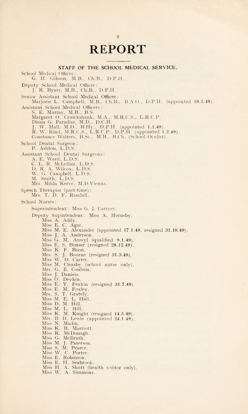 REPORT STAFF OF THE SCHOOL MEDICAL SERVICE. School Medical Officer: G. H. Gibson, M.B., Ch.B., D.P.H. Deputy School Medical Officer: j/R. Byars, M.B., Ch.B., D.P.H. Senior Assistant School Medical Officer: Marjorie L. Campbell, M.B., Ch.B., B.A.O., D.P.H. (appointed 10.1.49).. Assistant School Medical Officers: S. E. Murray, M.B., B.S. Margaret O.'Cruickshank, M.A., M.R.C.S., L.R.C.P. Diana G. Paradise, M.D., D.C.H. j. VV. Hall, M.D., B.Hy., D.P.H. (appointed 1.1.49). R. W. Kind, M.R.C.S., L.R.C.P., D.P.H. (appointed 1.2.49). Constance Walters, B.Sc., M.B., B.Cli. (School Oculist). School Dental Surgeon: P. Ashton, L.D.S. Assistant School Dental Surgeons: A. E. Ward, L.D.S. C. L. R. McLellan, L.D.S. D. R. A. Wilcox, L.D.S. W. G. Campbell, L.D.S. M. Smith, L.D.S. Mrs. Milda Kerve, M.D. Vienna. Speech Therapist (part-time) : Mrs. T. D. F. Randall. School Nurses: Superintendent: Miss G. I. Carryer. Deputy Supintendent: Miss A. Hornsby. Miss A. Addy. Miss E. C. Agar. Miss M. E. Alexander (appointed 17,1.49, resigned 31.10.49). Miss J. A. Anderson. Miss G. M. Anvvyl (qualified 9.1.49). Miss E. S. Bonser (resigned 28.12.49). Miss K. F. Boon. Mrs. S. J. Bourne (resigned 31.3.49). Miss W. D. Carter. Miss M. Cleasby (school nurse only). Mrs. G. E. Coulson, Miss J. Daniels. Miss O. Deykin. Miss E. Y. Fealcin (resigned 31.7.49). Miss E. M. Foxley. Mrs. S. T. Grately. Miss M. E. L. Hall. Miss D. M. Hill. Miss M. L. Hill. Miss K. M. Knight (resigned 14.5.49). Mrs. B. H. Lewis (appointed 24.1.49). Miss N. Madin. Miss K. B. Marriott. Miss K. McDonagh. Miss G. Mcllrath. Miss M. J. Paterson. Miss S. M. Pearce. Miss W. C. Porter. Miss E. Robinson. Miss E. H. Seabrook. M iss H. A. Shutt (health visitor only). Miss W. A. Simmons.