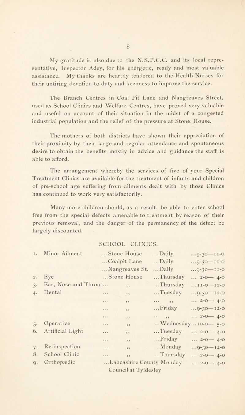 My gratitude is also due to the N.S.P.C.C. and its local repre¬ sentative, Inspector Adey, for his energetic, ready and most valuable assistance. My thanks are heartily tendered to the Health Nurses for their untiring devotion to duty and keenness to improve the service. The Branch Centres in Coal Pit Lane and Nangreaves Street, used as School Clinics and Welfare Centres, have proved very valuable and useful on account of their situation in the midst of a congested industrial population and the relief of the pressure at Stone House. The mothers of both districts have shown their appreciation of their proximity by their large and regular attendance and spontaneous desire to obtain the benefits mostly in advice and guidance the staff is able to afford. The arrangement whereby the services of five of your Special Treatment Clinics are available for the treatment of infants and children of pre-school age suffering from ailments dealt with by those Clinics has continued to work very satisfactorily. Many more children should, as a result, be able to enter school free from the special defects amenable to treatment by reason of their previous removal, and the danger of the permanency of the defect be largely discounted. SCHOOL CLINICS. i. Minor Ailment ...Stone House Daily I 1-0 ...Coalpit Lane j Daily •••93°— I 1-0 ...Nangreaves St. ... Daily •••93°— I 1-0 2. Eye ...Stone House .Thursday ... 2-0- 4-0 3- Ear, Nose and Throat... ,, .Thursday ... I 1-0— I 2-0 4- Dental ... ,, .Tuesday •••9“3°— I 2-0 ... ,, ... 2-0- 4-0 ... ,, .Friday •■•9“3°— 12-0 ... ,, > > ... 2-0— 4-0 5- Operative ... ,, .Wednesday ... 10-0- 5-o 6. Artificial Light ... ,, .Tuesday ... 2-0— 4-0 ... ,, .Friday ... 2-0 — 4-0 7* Re-inspection ... ,, Monday •••9-30— I 2-0 8. School Clinic ... ,, .Thursday ... 2-0 — 4-0 9- Orthopaedic ...Lancashire County Monday ... 2-0— 4-0 Council at Tyldesley