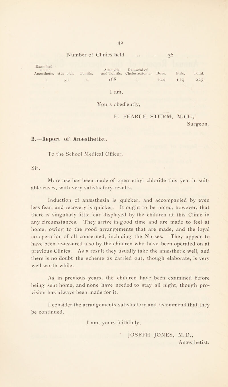 Number of Clinics held ... .. 38 Examined under Anaesthetic. Adenoids. Tonsils. Adenoids and Tonsils. Removal of Cholesteatoma. Boys. Girls. Total. I 51 2 l68 I IO4 119 223 I am, Yours obediently, F. PEARCE STURM, M.Ch., Surgeon. B.—Report of Anaesthetist. To the School Medical Officer. Sir, More use has been made of open ethyl chloride this year in suit¬ able cases, with very satisfactory results. Induction of anaesthesia is quicker, and accompanied by even less fear, and recovery is quicker. It ought to be noted, however, that there is singularly little fear displayed by the children at this Clinic in any circumstances. They arrive in good time and are made to feel at home, owing to the good arrangements that are made, and the loyal co-operation of all concerned, including the Nurses. They appear to have been re-assured also by the children who have been operated on at previous Clinics. As a result they usually take the anaesthetic well, and there is no doubt the scheme as carried out, though elaborate, is very well worth while. As in previous years, the children have been examined before being sent home, and none have needed to stay all night, though pro¬ vision has always been made for it. I consider the arrangements satisfactory and recommend that they be continued. I am, yours faithfully, JOSEPH JONES, M.D., Anaesthetist.