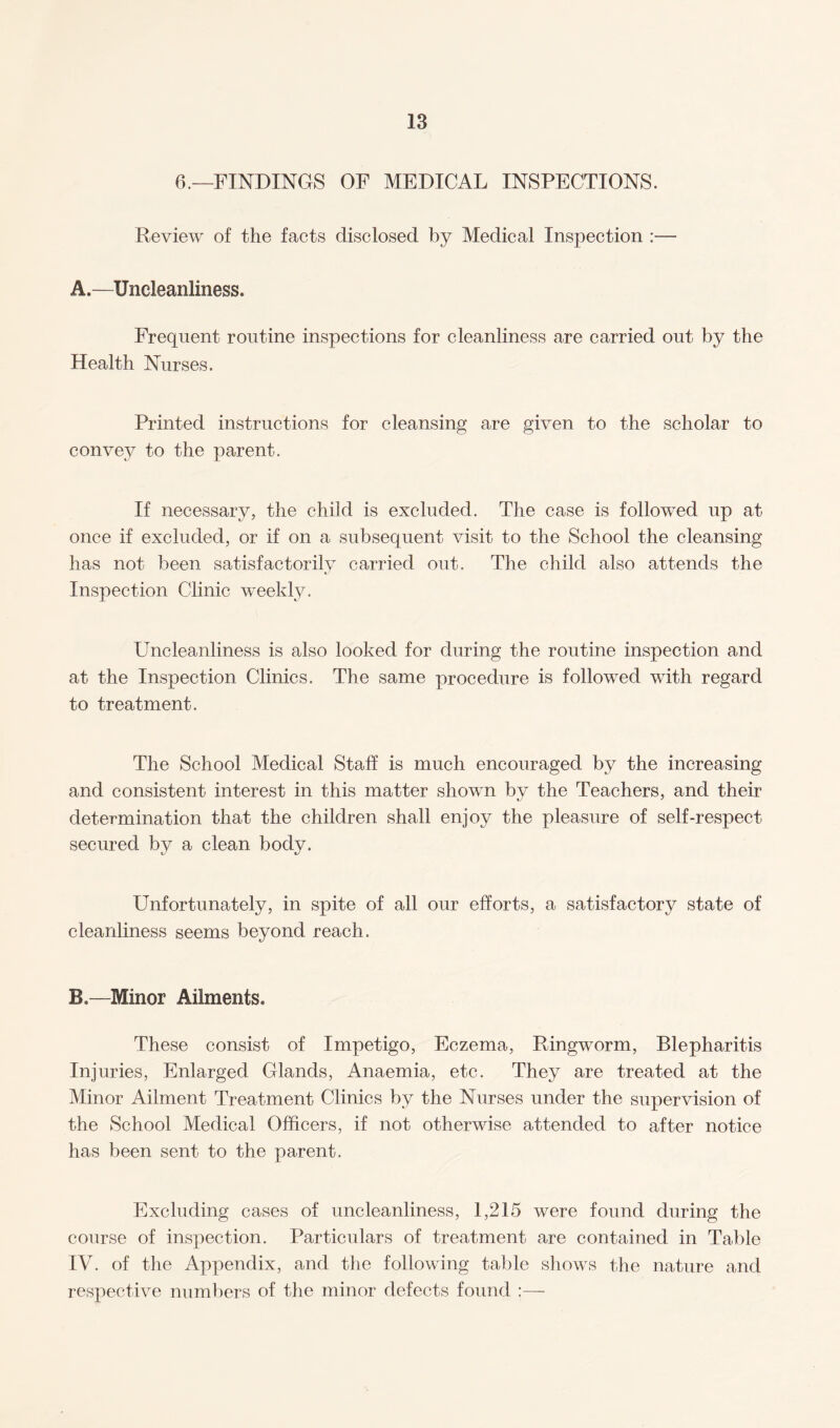 6.—FINDINGS OF MEDICAL INSPECTIONS. Review of the facts disclosed by Medical Inspection :— A. —Uneleanliness. Frequent routine inspections for cleanliness are carried out by the Health Nurses. Printed instructions for cleansing are given to the scholar to convey to the parent. If necessary, the child is excluded. The case is followed up at once if excluded, or if on a subsequent visit to the School the cleansing has not been satisfactorily carried out. The child also attends the Inspection Clinic weekly. Uncleanliness is also looked for during the routine inspection and at the Inspection Clinics. The same procedure is followed with regard to treatment. The School Medical Staff is much encouraged by the increasing and consistent interest in this matter shown by the Teachers, and their determination that the children shall enjoy the pleasure of self-respect secured by a clean body. Unfortunately, in spite of all our efforts, a satisfactory state of cleanliness seems beyond reach. B. —Minor Ailments. These consist of Impetigo, Eczema, Ringworm, Blepharitis Injuries, Enlarged Glands, Anaemia, etc. They are treated at the Minor Ailment Treatment Clinics by the Nurses under the supervision of the School Medical Officers, if not otherwise attended to after notice has been sent to the parent. Excluding cases of uncleanliness, 1,215 were found during the course of inspection. Particulars of treatment are contained in Table IV. of the Appendix, and the following table shows the nature and respective numbers of the minor defects found :—