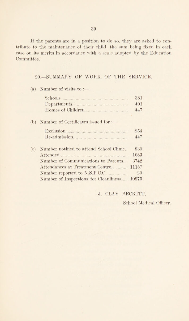 If the parents are in a position to do so, they are asked to con¬ tribute to the maintenance of their child, the sum being fixed in each case on its merits in accordance with a scale adopted by the Education Committee. 20.—SUMMARY OF WORK OF THE SERVICE. (a) Number of visits to :— Schools. 381 Departments. 401 Homes of Children. 447 (b) Number of Certificates issued for :— Exclusion. 954 Re-admission. 447 (c) Number notified to attend School Clinic.. 830 Attended. 1083 Number of Communications to Parents.... 3742 Attendances at Treatment Centre. 11187 Number reported to N.S.P.C.C. 20 Number of Inspections for Cleanliness. 10975 J. CLAY BECKTTT, School Medical Officer.