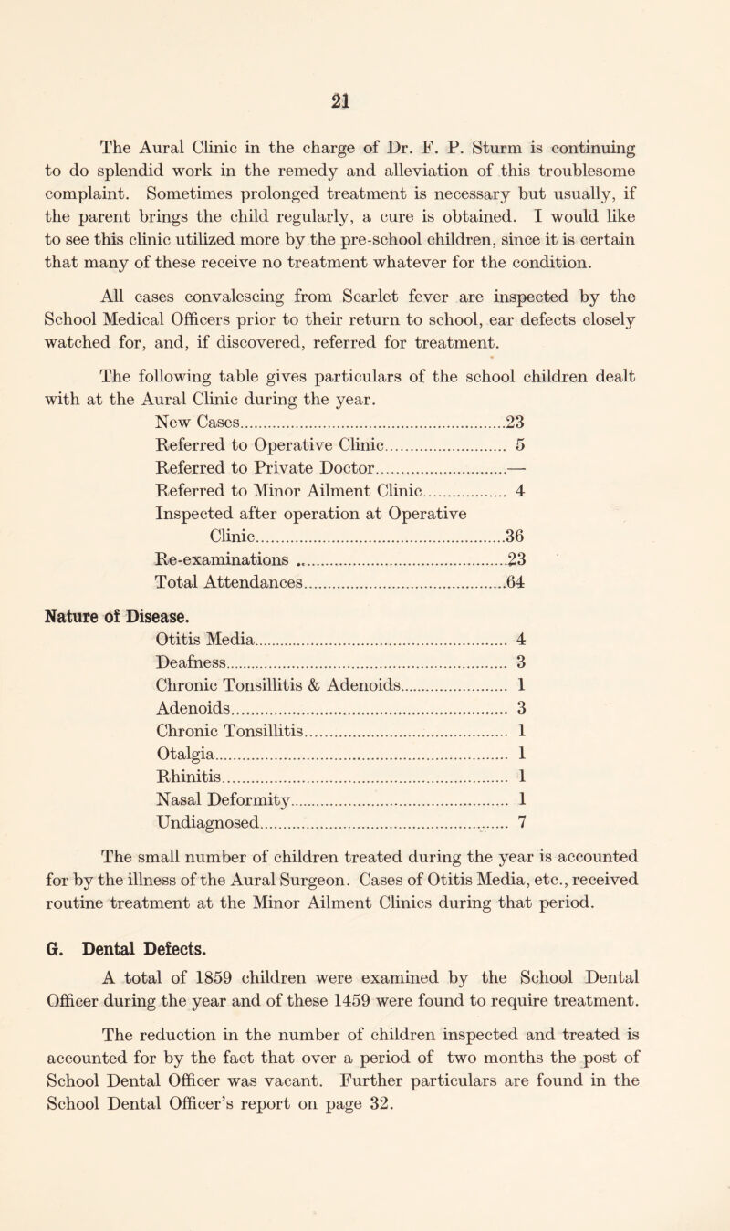 The Aural Clinic in the charge of Dr. F. P. Sturm is continuing to do splendid work in the remedy and alleviation of this troublesome complaint. Sometimes prolonged treatment is necessary but usually, if the parent brings the child regularly, a cure is obtained. I would like to see this clinic utilized more by the pre-school children, since it is certain that many of these receive no treatment whatever for the condition. All cases convalescing from Scarlet fever are inspected by the School Medical Officers prior to their return to school, ear defects closely watched for, and, if discovered, referred for treatment. The following table gives particulars of the school children dealt with at the Aural Clinic during the year. New Cases.23 Referred to Operative Clinic. 5 Referred to Private Doctor.— Referred to Minor Ailment Clinic. 4 Inspected after operation at Operative Clinic.36 Re-examinations ..23 Total Attendances.64 Nature of Disease. Otitis Media. 4 Deafness. 3 Chronic Tonsillitis & Adenoids. 1 Adenoids. 3 Chronic Tonsillitis. 1 Otalgia. 1 Rhinitis. 1 Nasal Deformity. 1 Undiagnosed..... 7 The small number of children treated during the year is accounted for by the illness of the Aural Surgeon. Cases of Otitis Media, etc., received routine treatment at the Minor Ailment Clinics during that period. G. Dental Defects. A total of 1859 children were examined by the School Dental Officer during the year and of these 1459 were found to require treatment. The reduction in the number of children inspected and treated is accounted for by the fact that over a period of two months the post of School Dental Officer was vacant. Further particulars are found in the School Dental Officer’s report on page 32.