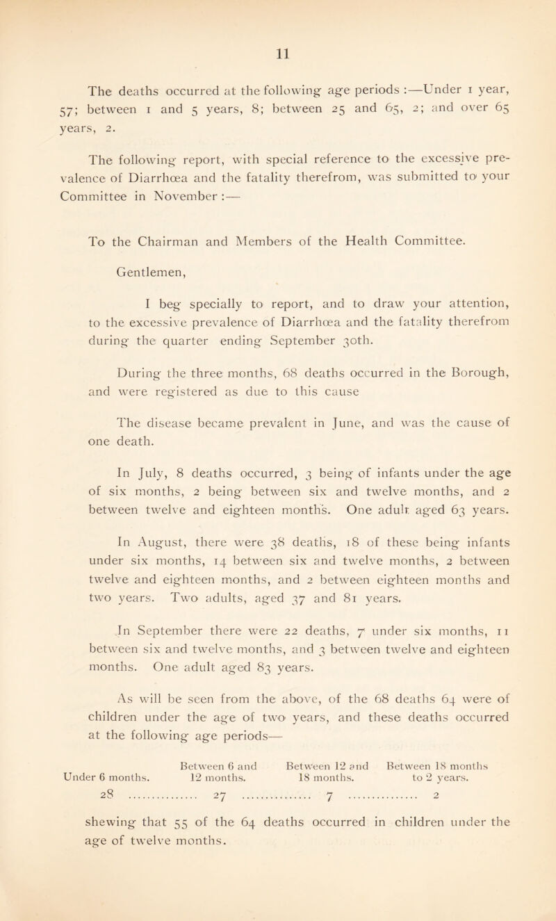 The deaths occurred at the following age periods :—Under i year, 57; between i and 5 years, 8; between 25 and 65, 2; and over 65 years, 2. The following report, with special reference to the excessive pre¬ valence of Diarrhoea and the fatality therefrom, was submitted to your Committee in November : — To the Chairman and Members of the Health Committee. Gentlemen, I beg specially to report, and to draw your attention, to the excessive prevalence of Diarrhoea and the fatality therefrom during the quarter ending September 30th. During the three months, 68 deaths occurred in the Borough, and were registered as due to this cause The disease became prevalent in June, and was the cause of one death. In July, 8 deaths occurred, 3 being of infants under the age of six months, 2 being between six and twelve months, and 2 between twelve and eighteen months. One adulr. aged 63 years. In August, there were 38 deaths, 18 of these being infants under six months, 14 between six and twelve months, 2 between twelve and eighteen months, and 2 between eighteen months and two years. Two> adults, aged 37 and 81 years. In September there were 22 deaths, 7 under six months, 11 between six and twelve months, and 3 between twelve and eighteen months. One adult aged 83 years. As will be seen from the above, of the 68 deaths 64 were of children under the age of two- years, and these deaths occurred at the following age periods— Between 6 and Between 12 and Between 18 months Under 6 months. 12 months. 18 months. to 2 years. 28 . 27 . 7 . 2 shewing that 55 of the 64 deaths occurred in children under the age of twelve months.