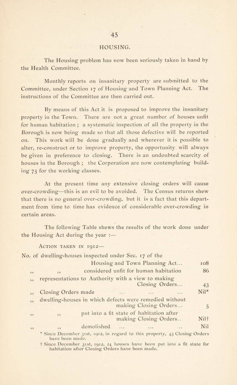 HOUSING. The Housing problem has now been seriously taken in hand by the Health Committee. Monthly reports on insanitary property are submitted to the Committee, under Section 17 of Housing and Town Planning Act. The instructions of the Committee are then carried out. By means of this Act it is proposed to improve the insanitary property in the Town. There are not a great number of houses unfit for human habitation ; a systematic inspection of all the property in the Borough is now being made so that all those defective will be reported on. This work will be done gradually and wherever it is possible to alter, re-construct or to improve property, the opportunity will always be given in preference to closing. There is an undoubted scarcity of houses in the Borough ; the Corporation are now contemplating build¬ ing 75 for the working classes. At the present time any extensive closing orders will cause over-crowding—this is an evil to be avoided. The Census returns shew that there is no general over-crowding, but it is a fact that this depart¬ ment from time to time has evidence of considerable over-crowding in certain areas. The following Table shews the results of the work done under the Housing Act during the year :— Action taken in 1912— No. of dwelling-houses inspected under Sec. 17 of the Housing and Town Planning Act... 108 ,, ,, considered unfit for human habitation 86 ,, representations to Authority with a view to making Closing Orders... 43 ,, Closing Orders made ... ... ... Nil* ,, dwelling-houses in which defects were remedied without making Closing Orders... 5 ,, ,, put into a fit state of habitation after making Closing Orders.. Nilf ,, ,, demolished ... ... ... Nil * Since December 31st, 1912, in regard to this property, 43 Closing Orders have been made. t Since December 31st, 1912, 24 houses have been put into a fit state for habitation after Closing Orders have been made.