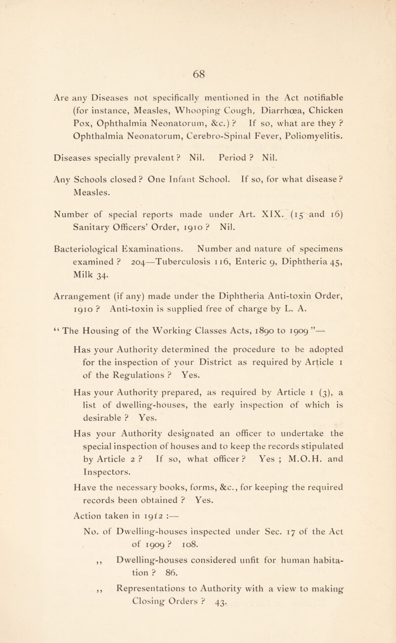 Are any Diseases not specifically mentioned in the Act notifiable (for instance, Measles, Whooping Cough, Diarrhoea, Chicken Pox, Ophthalmia Neonatorum, &c.) ? If so, what are they ? Ophthalmia Neonatorum, Cerebro-Spinal Fever, Poliomyelitis. Diseases specially prevalent ? Nil. Period? Nil. Any Schools closed? One Infant School. If so, for what disease? Measles. Number of special reports made under Art. XIX. (15 and 16) Sanitary Officers’ Order, 1910 ? Nil. Bacteriological Examinations. Number and nature of specimens examined? 204—Tuberculosis 116, Enteric 9, Diphtheria 45, Milk 34. Arrangement (if any) made under the Diphtheria Anti-toxin Order, 1910 ? Anti-toxin is supplied free of charge by L. A. “ The Housing of the Working Classes Acts, 1890 to 1909 ”— Has your Authority determined the procedure to be adopted for the inspection of your District as required by Article 1 of the Regulations ? Yes. Has your Authority prepared, as required by Article 1 (3), a list of dwelling-houses, the early inspection of which is desirable ? Yes. Has your Authority designated an officer to undertake the special inspection of houses and to keep the records stipulated by Article 2 ? If so, what officer? Yes ; M.O.H. and Inspectors. Have the necessary books, forms, &c., for keeping the required records been obtained ? Yes. Action taken in 19I2 :— No. of D welling-houses inspected under Sec. 17 of the Act of 1909 ? 108. ,, Dwelling-houses considered unfit for human habita¬ tion ? 86. ,, Representations to Authority with a view to making Closing Orders ? 43.