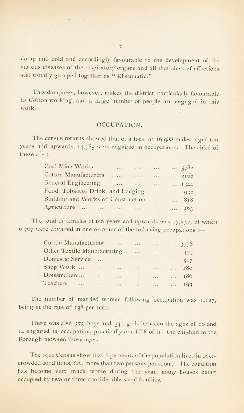 damp and cold and accordingly favourable to the development of the various diseases ot the respiratory organs and all that class of affections still usually grouped together as “ Rheumatic.” This dampness, however, makes the district particularly favourable to Cotton working, and a large number of people are engaged in this work. OCCUPATION. The census returns showed that of a total of 16,988 males, aged ten years and upwards, 14,985 were engaged in occupations. The chief of these are :— Coal Mine Works ... ... 5782 Cotton Manufacturers ... 2168 General Engineering ... 1344 Food, Tobacco, Drink, and Lodging ... 932 Building and Works of Construction ... 818 Agriculture .. ... 263 I he total of females of ten years and upwards was 17,252, of which 6,767 were engaged in one or other of the following occupations : — Cotton Manufacturing Other Textile Manufacturing Domestic Service Shop Work ... Dressmakers... Teachers ... 3978 ... 499 ••• 517 280 186 ... 193 The number of married women following occupation was 1,127, being at the rate of 138 per 1000. There was also 375 boys and 341 girls between the ages of 10 and 14 engaged in occupation, practically one-fifth of all the children in the Borough between those ages. The J 911 Census show that 8 per cent, of the population lived in over¬ crowded conditions, i.e., more than two persons per room. The condition has become very much worse during the year, many houses being occupied by two or three considerable sized families.