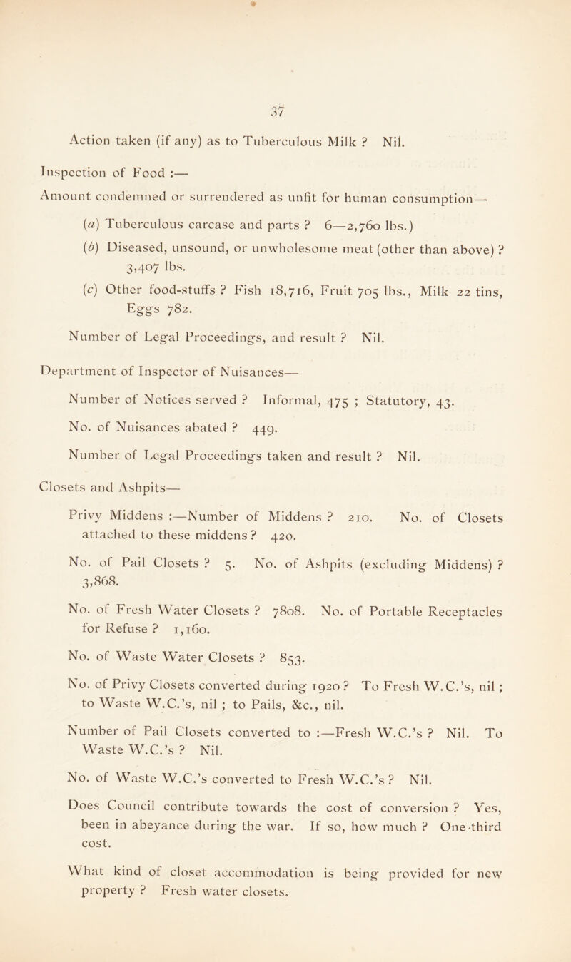 Action taken (if any) as to Tuberculous Milk ? Nil. Inspection of Food :— Amount condemned or surrendered as unfit for human consumption — (a) Tuberculous carcase and parts ? 6—2,760 lbs.) (b) Diseased, unsound, or unwholesome meat (other than above) ? 3,407 lbs. {c) Other food-stuff's ? Fish 18,716, Fruit 705 lbs., Milk 22 tins, Eg-g-s 782. Number of Legal Proceeding’s, and result ? Nil. Department of Inspector of Nuisances— Number of Notices served ? Informal, 475 ; Statutory, 43. No. of Nuisances abated ? 449. Number of Legal Proceedings taken and result ? Nil. Closets and Ashpits— Privy Middens :—Number of Middens ? 210. No. of Closets attached to these middens ? 420. No. of Pail Closets ? 5. No. of Ashpits (excluding Middens) ? 3,868. No. of Fresh Water Closets ? j8o8. No. of Portable Receptacles for Refuse ? 1,160. No. of Waste Water Closets ? 853. No. of Privy Closets converted during 1920 ? To Fresh W. C.’s, nil ; to Waste W.C.’s, nil ; to Pails, &c., nil. Number of Pail Closets converted to :—Fresh W.C.’s ? Nil. To Waste W.C.’s? Nil. No. of Waste W.C.’s converted to Fresh W.C.’s? Nil. Does Council contribute towards the cost of conversion ? Yes, been in abeyance during the war. If so, how much ? One-third cost. What kind ot closet accommodation is being provided for new property ? Fresh water closets.