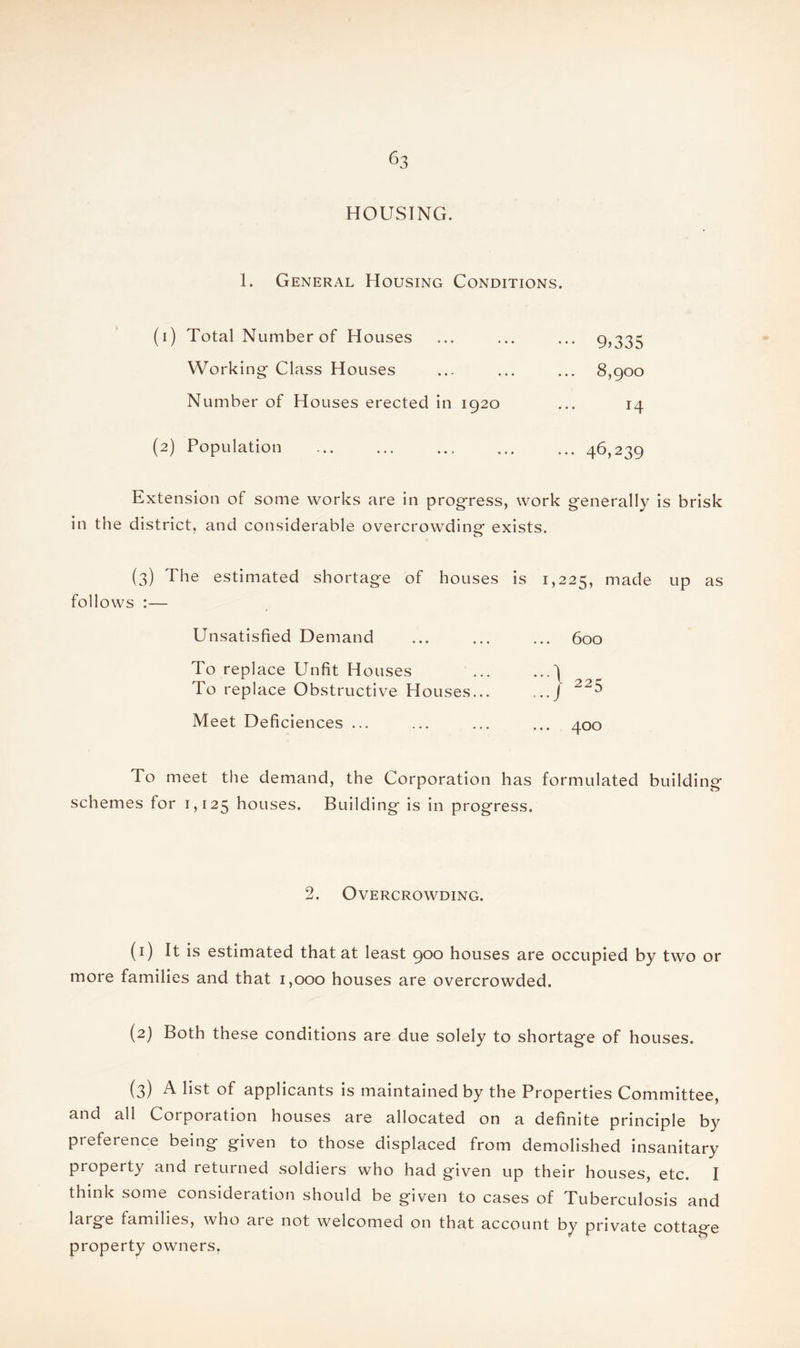 HOUSING. 1. General Housing Conditions. (1) Total Number of Houses Working Class Houses Number of Houses erected in 1920 (2) Population ••• 9)335 8,900 14 ... 46,239 Extension of some works are in progress, work generally is brisk in the district, and considerable overcrowding exists. (3) The estimated shortage of houses is 1,225, made up as follows :— Unsatisfied Demand 600 To replace Unfit Houses To replace Obstructive Houses... ...) 225 Meet Deficiences ... 400 To meet the demand, the Corporation has formulated building schemes for 1,125 houses. Building is in progress. 2. Overcrowding. (1) It is estimated that at least 900 houses are occupied by two or more families and that 1,000 houses are overcrowded. (2) Both these conditions are due solely to shortage of houses. (3) A list of applicants is maintained by the Properties Committee, and all Corporation houses are allocated on a definite principle by preference being given to those displaced from demolished insanitary property and returned soldiers who had given up their houses, etc. I think some consideration should be given to cases of Tuberculosis and large families, who are not welcomed on that account by private cottage property owners,