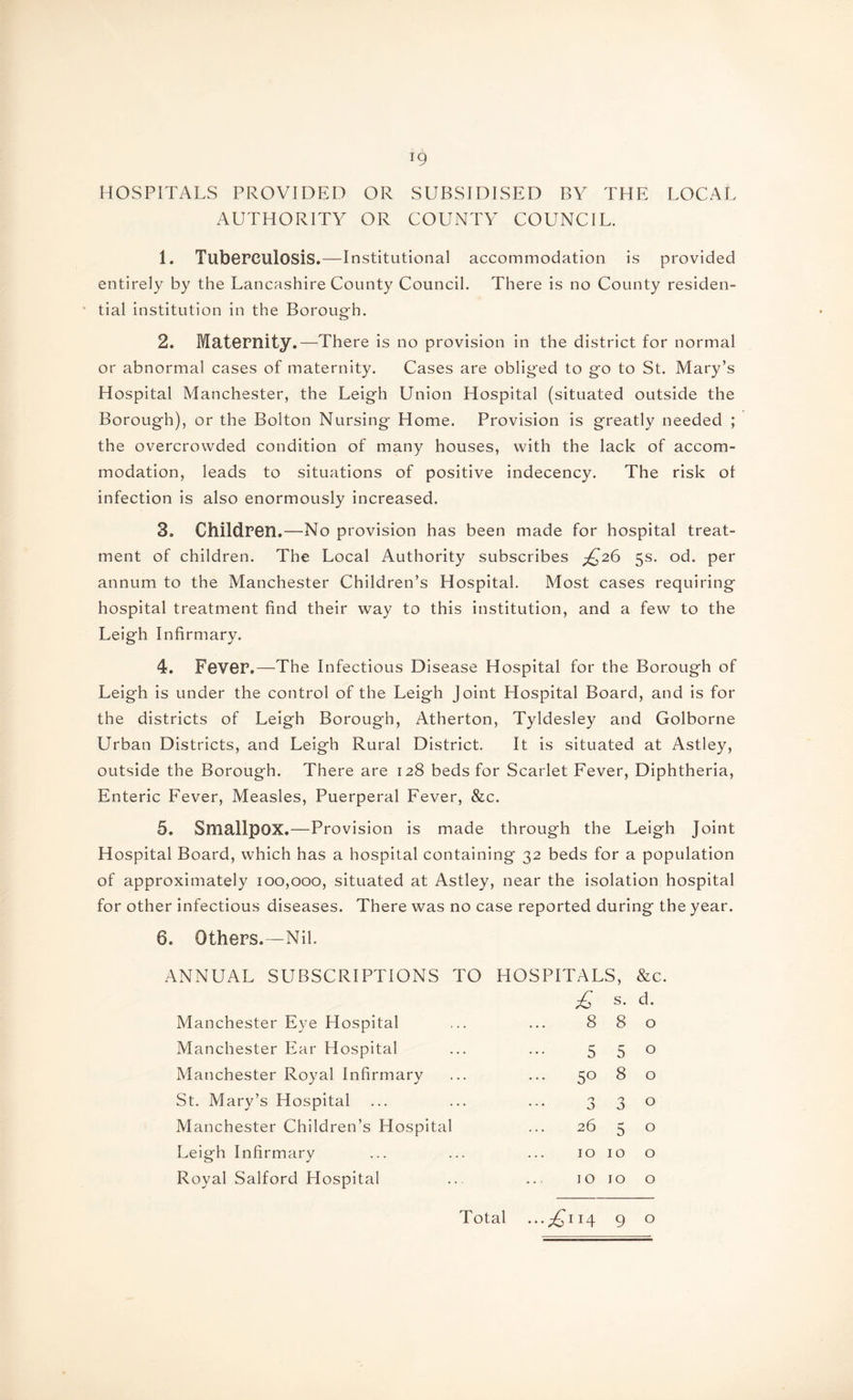 HOSPITALS PROVIDED OR SUBSIDISED BY THE LOCAL AUTHORITY OR COUNTY COUNCIL. 1. Tuberculosis.—Institutional accommodation is provided entirely by the Lancashire County Council. There is no County residen¬ tial institution in the Borough. 2. Maternity.—There is no provision in the district for normal or abnormal cases of maternity. Cases are obliged to go to St. Mary’s Hospital Manchester, the Leigh Union Hospital (situated outside the Borough), or the Bolton Nursing Home. Provision is greatly needed ; the overcrowded condition of many houses, with the lack of accom¬ modation, leads to situations of positive indecency. The risk of infection is also enormously increased. 3. Children .—No provision has been made for hospital treat¬ ment of children. The Local Authority subscribes ^26 5s. od. per annum to the Manchester Children’s Hospital. Most cases requiring hospital treatment find their way to this institution, and a few to the Leigh Infirmary. 4. Fever.—The Infectious Disease Hospital for the Borough of Leigh is under the control of the Leigh Joint Llospital Board, and is for the districts of Leigh Borough, Atherton, Tyldesley and Golborne Urban Districts, and Leigh Rural District. It is situated at Astley, outside the Borough. There are 128 beds for Scarlet Fever, Diphtheria, Enteric Fever, Measles, Puerperal Fever, &c. 5. Smallpox.—Provision is made through the Leigh Joint Hospital Board, which has a hospital containing 32 beds for a population of approximately 100,000, situated at Astley, near the isolation hospital for other infectious diseases. There was no case reported during the year. 6 e Others.-—Nil. ANNUAL SUBSCRIPTIONS TO HOSPITALS, &c. £ s. d. Manchester Eye Hospital 8 8 0 Manchester Ear Hospital 5 5 0 Manchester Royal Infirmary 50 8 0 St. Mary’s Hospital 0 O 3 0 Manchester Children’s Hospital 26 5 0 Leigh Infirmary 10 10 0 Royal Salford Hospital 10 10 0 Total ••'^14 9 0