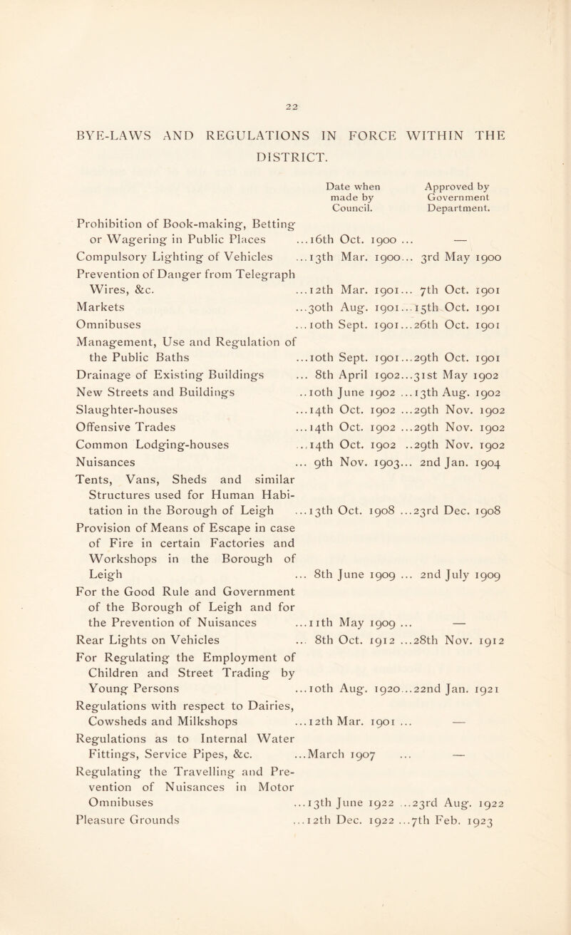 BYE-LAWS AND REGULATIONS IN FORCE WITHIN THE DISTRICT. Date when Approved by made by Government Council. Department. Prohibition of Book-making*, Betting or Wagering in Public Places Compulsory Lighting of Vehicles Prevention of Danger from Telegraph Wires, &c. Markets Omnibuses Management, Use and Regulation of the Public Baths Drainage of Existing Buildings New Streets and Buildings Slaughter-houses Offensive Trades Common Lodging-houses Nuisances Tents, Vans, Sheds and similar Structures used for Human Habi¬ tation in the Borough of Leigh Provision of Means of Escape in case of Fire in certain Factories and Workshops in the Borough of Leigh For the Good Rule and Government of the Borough of Leigh and for the Prevention of Nuisances Rear Lights on Vehicles For Regulating the Employment of Children and Street Trading by Young Persons Regulations with respect to Dairies, Cowsheds and Milkshops Regulations as to Internal Water Fittings, Service Pipes, &c. Regulating the Travelling and Pre¬ vention of Nuisances in Motor Omnibuses Pleasure Grounds .16th Oct. 1900 ... — .13th Mar. 1900... 3rd May 1900 .12th Mar. 1901... 7th Oct. 1901 .30th Aug. 1901... 15th Oct. 1901 . 10th Sept. 1901. ..26th Oct. 1901 .10th Sept. 1901...29th Oct. 1901 . 8th April 1902...31st May 1902 .10th June 1902 ...13th Aug. 1902 .14th Oct. 1902 ...29th Nov. 1902 .14th Oct. 1902 ...29th Nov. 1902 ,14th Oct. 1902 ..29th Nov. 1902 . 9th Nov. 1903... 2nd Jan. 1904 .13th Oct. 1908 ...23rd Dec. 1908 . 8th June 1909 ... 2nd July 1909 .nth May 1909 ... — . 8th Oct. 1912 ...28th Nov. 1912 .10th Aug. 1920...22nd Jan. 1921 .12th Mar. 1901 ... — .March 1907 ... — .13th June 1922 ...23rd Aug. 1922 .12th Dec. 1922 ...7th Feb. 1923