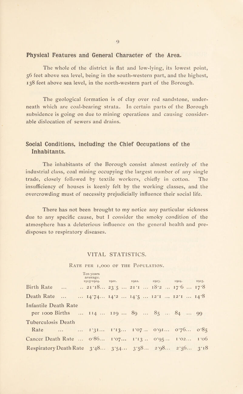Physical Features and General Character of the Area. The whole of the district is flat and low-lying-, its lowest point, 56 feet above sea level, being in the south-western part, and the highest, 138 feet above sea level, in the north-western part of the Borough. The geological formation is of clay over red sandstone, under¬ neath which are coal-bearing strata. In certain parts of the Borough subsidence is going on due to mining operations and causing consider¬ able dislocation of sewers and drains. Social Conditions, including the Chief Occupations of the Inhabitants. The inhabitants of the Borough consist almost entirely of the industrial class, coal mining occupying the largest number of any single trade, closely followed by textile workers, chiefly in cotton. The insufficiency of houses is keenly felt by the working classes, and the overcrowding must of necessity prejudicially influence their social life. There has not been brought to my notice any particular sickness due to any specific cause, but I consider the smoky condition of the atmosphere has a deleterious influence on the general health and pre¬ disposes to respiratory diseases. VITAL STATISTICS. Rate per 1,000 of the Population. Ten years average. I9i5-i924. 1921. 1922. 1923. 1924. 1925. Birth Rate 21 -18... 23 5 ••• 21 ’I ... l8'2 ... 176 ... HH cb Death Rate H74--- 14*2 ... *4*5 ••• I 2 ‘ I ... I2' I ... 14*8 Infantile Death Rate per 1000 Births 114 ••• 119 ... 89 85 ... 84 99 Tuberculosis Death Rate 1 ‘31 ••• 1*13* 1 *07 .. O-gi ... 076... 0-85 Cancer Death Rate ... o-86... 1 *07... 1*13 •• 0-95... I '02... 1 -06 Respiratory Death Rate 3-48... 3*54 — 3'5®- 2*98... 2*56... 3-18