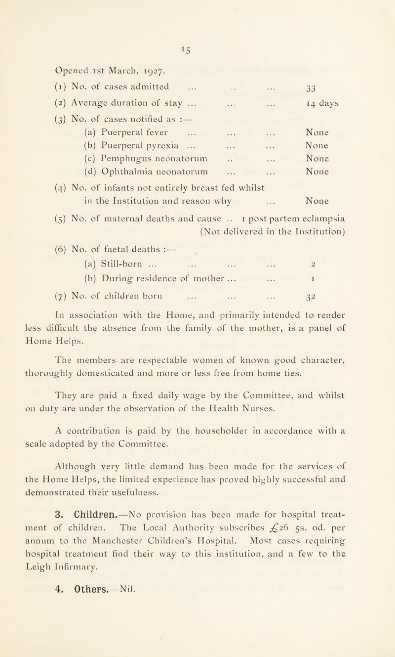 Opened 1st March, 1927. (1) No. of cases admitted 33 (2) Average duration of stay ... 14 days (3) No. of cases notified as :— (a) Puerperal fever None (b) Puerperal pyrexia ... None (c) Pemphugus neonatorum None (d) Ophthalmia neonatorum None (4) No. of infants not entirely breast fed whilst in the Institution and reason why None (5) No. of maternal deaths and cause .. 1 post partem eclampsia (Not delivered in the Institution) (6) No. of faetal deaths :— (a) Still-born ... 2 (b) During residence of mother ... 1 (7) No. of children born 32 In association with the Home, and primarily intended to render less difficult the absence from the family of the mother, is a panel of Home Helps. The members are respectable women of known good character, thoroughly domesticated and more or less free from home ties. They are paid a fixed daily wage by the Committee, and whilst on duty are under the observation of the Health Nurses. A contribution is paid by the householder in accordance with a scale adopted by the Committee. Although very little demand has been made for the services of the Home Helps, the limited experience has proved highly successful and demonstrated their usefulness. 3. Children.—No provision has been made for hospital treat¬ ment of children. The Local Authority subscribes ^26 5s. od. per annum to the Manchester Children’s Hospital. Most cases requiring hospital treatment find their way to this institution, and a few to the Leigh Infirmary. 4. Others.—Nil.