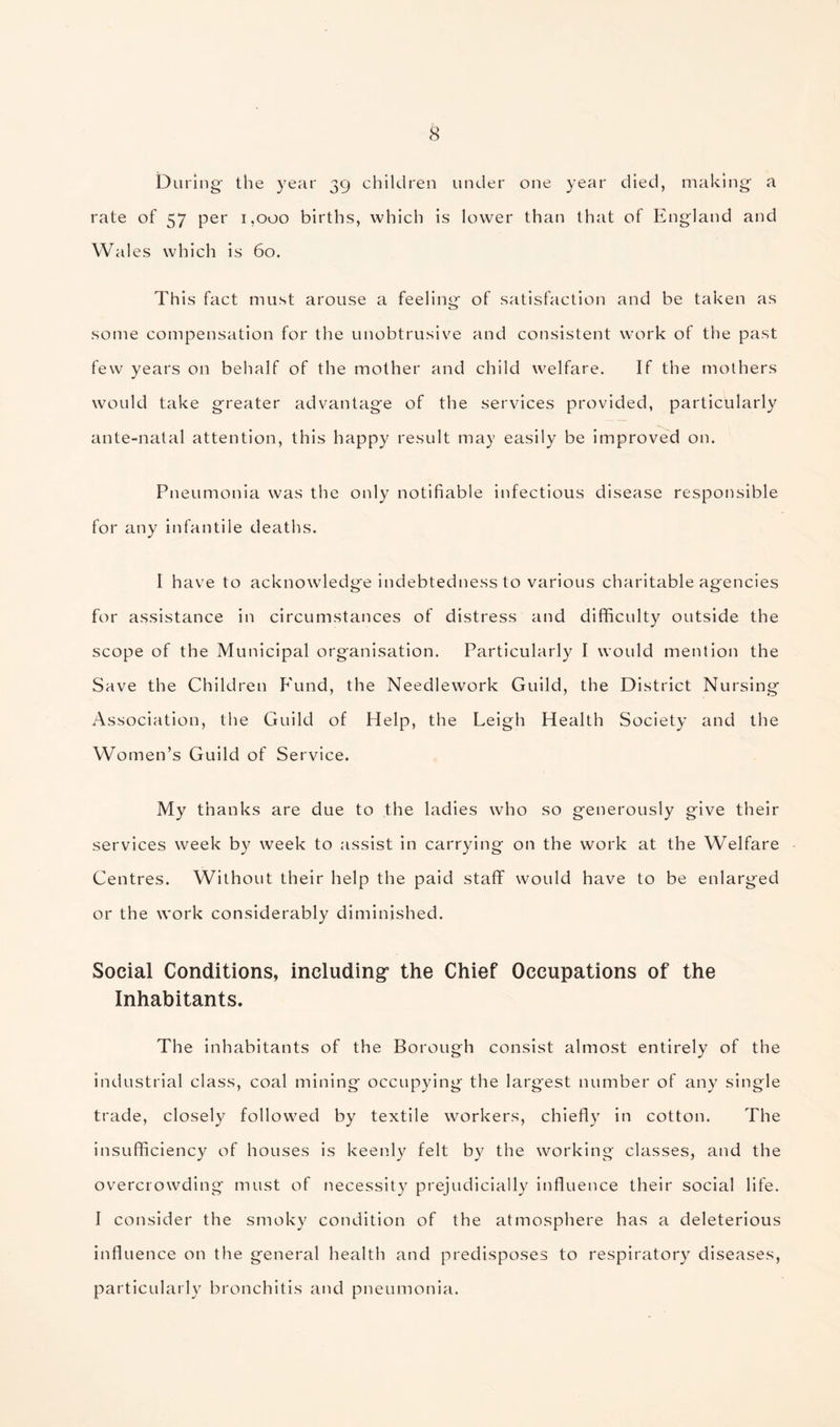 During- the year 39 children under one year died, making a rate of 57 per 1,000 births, which is lower than that of England and Wales which is 60. This fact must arouse a feeling of satisfaction and be taken as some compensation for the unobtrusive and consistent work of the past few years on behalf of the mother and child welfare. If the mothers would take greater advantage of the services provided, particularly ante-natal attention, this happy result may easily be improved on. Pneumonia was the only notifiable infectious disease responsible for any infantile deaths. I have to acknowledge indebtedness to various charitable agencies for assistance in circumstances of distress and difficulty outside the scope of the Municipal organisation. Particularly I would mention the Save the Children P'und, the Needlework Guild, the District Nursing Association, the Guild of Help, the Leigh Health Society and the Women’s Guild of Service. My thanks are due to the ladies who so generously give their services week by week to assist in carrying on the work at the Welfare Centres. Without their help the paid staff would have to be enlarged or the work considerably diminished. Social Conditions, including the Chief Occupations of the Inhabitants. The inhabitants of the Borough consist almost entirely of the industrial class, coal mining occupying the largest number of any single trade, closely followed by textile workers, chiefly in cotton. The insufficiency of houses is keenly felt by the working classes, and the overcrowding must of necessity prejudicially influence their social life. I consider the smoky condition of the atmosphere has a deleterious influence on the general health and predisposes to respiratory diseases, particularly bronchitis and pneumonia.