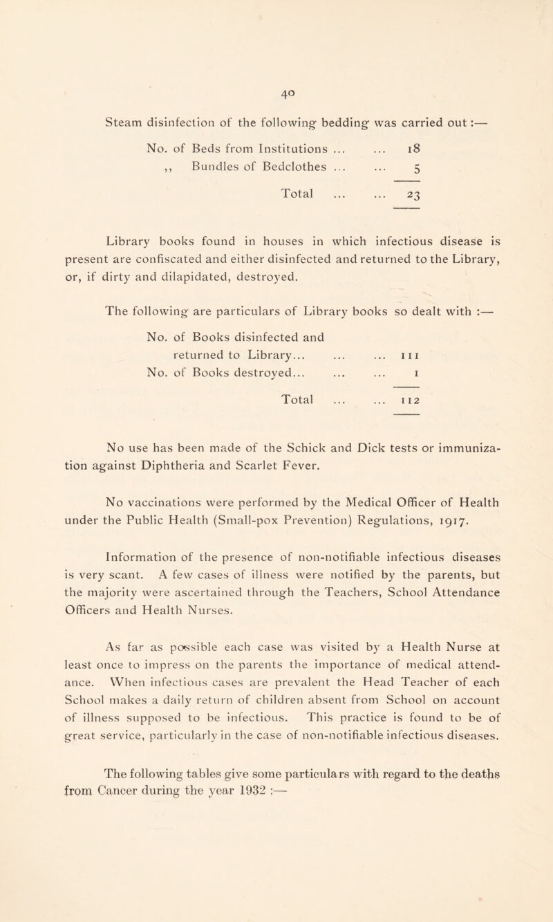 Steam disinfection of the following- bedding was carried out:— No. of Beds from Institutions ... ... 18 ,, Bundles of Bedclothes ... ... 5 Total ... ... 23 Library books found in houses in which infectious disease is present are confiscated and either disinfected and returned to the Library, or, if dirty and dilapidated, destroyed. The following are particulars of Library books so dealt with :— No. of Books disinfected and returned to Library... ... ... m No. of Books destroyed... ... ... 1 Total ... ... 112 No use has been made of the Schick and Dick tests or immuniza¬ tion against Diphtheria and Scarlet Fever. No vaccinations were performed by the Medical Officer of Health under the Public Health (Small-pox Prevention) Regulations, 1917. Information of the presence of non-notifiable infectious diseases is very scant. A few cases of illness were notified by the parents, but the majority were ascertained through the Teachers, School Attendance Officers and Health Nurses. As far as possible each case was visited by a Health Nurse at least once to impress on the parents the importance of medical attend¬ ance. When infectious cases are prevalent the Head Teacher of each School makes a daily return of children absent from School on account of illness supposed to be infectious. This practice is found to be of great service, particularly in the case of non-notifiable infectious diseases. The following tables give some particulars with regard to the deaths from Cancer during the year 1932 :—-