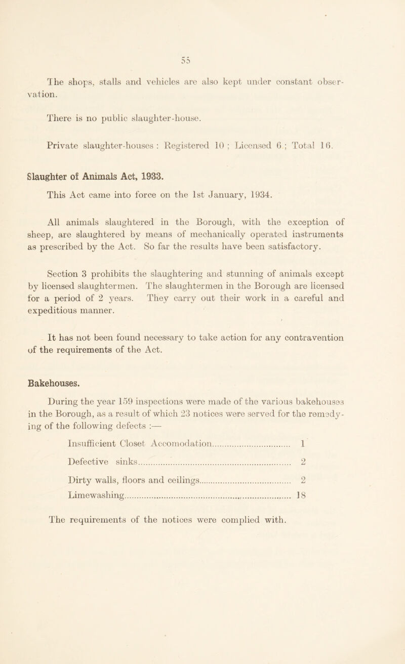 The shops, stalls and vehicles are also kept under constant obser¬ vation. There is no public slaughter-house. Private slaughter-houses: Registered 10; Licensed 6; Total 16. Slaughter of Animals Act, 1983. This Act came into force on the 1st January, 1934. All animals slaughtered in the Borough, with the exception of sheep, are slaughtered by means of mechanically operated instruments as prescribed by the Act. So far the results have been satisfactory. Section 3 prohibits the slaughtering and stunning of animals except by licensed slaughtermen. The slaughtermen in the Borough are licensed for a period of 2 years. They carry out their work in a careful and expeditious manner. It has not been found necessary to take action for any contravention of the requirements of the Act. Bakehouses. During the year 159 inspections were made of the various bakehouses in the Borough, as a result of which 23 notices were served for the remedy¬ ing of the following defects :— Insufficient Closet Accomodation. 1 Defective sinks. 2 Dirty walls, floors and ceilings. 2 Limewashing. 18 The requirements of the notices were complied with.