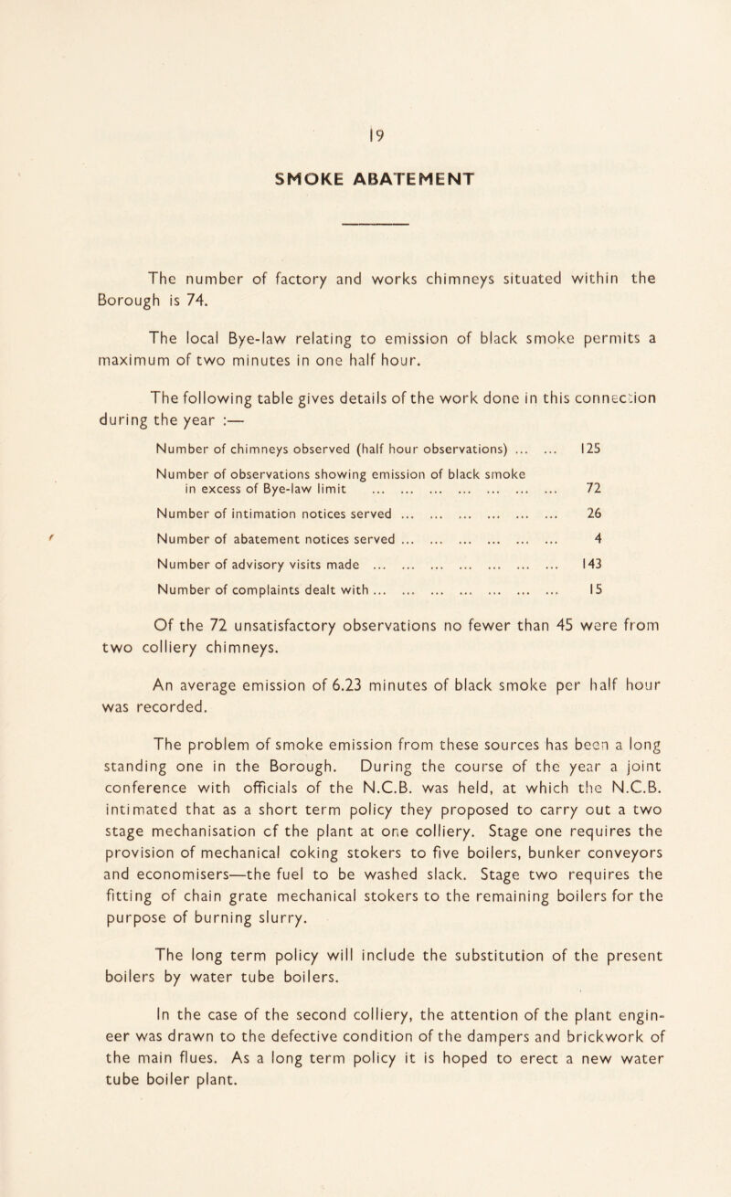 SMOKE ABATEMENT The number of factory and works chimneys situated within the Borough is 74. The local Bye-law relating to emission of black smoke permits a maximum of two minutes in one half hour. The following table gives details of the work done in this during the year :— Number of chimneys observed (half hour observations). Number of observations showing emission of black smoke in excess of Bye-law limit . Number of intimation notices served.. . Number of abatement notices served. Number of advisory visits made . Number of complaints dealt with. Of the 72 unsatisfactory observations no fewer than 45 two colliery chimneys. An average emission of 6.23 minutes of black smoke per half hour was recorded. The problem of smoke emission from these sources has been a long standing one in the Borough. During the course of the year a joint conference with officials of the N.C.B. was held, at which the N.C.B. intimated that as a short term policy they proposed to carry out a two stage mechanisation cf the plant at one colliery. Stage one requires the provision of mechanical coking stokers to five boilers, bunker conveyors and economisers—the fuel to be washed slack. Stage two requires the fitting of chain grate mechanical stokers to the remaining boilers for the purpose of burning slurry. The long term policy will include the substitution of the present boilers by water tube boilers. In the case of the second colliery, the attention of the plant engin- eer was drawn to the defective condition of the dampers and brickwork of the main flues. As a long term policy it is hoped to erect a new water tube boiler plant. connection 125 72 26 4 143 15 were from