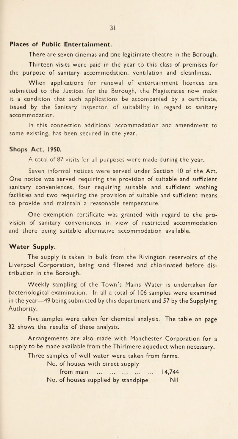 Places of Public Entertainment. There are seven cinemas and one legitimate theatre in the Borough. Thirteen visits were paid in the year to this class of premises for the purpose of sanitary accommodation, ventilation and cleanliness. When applications for renewal of entertainment licences are submitted to the Justices for the Borough, the Magistrates now make it a condition that such applications be accompanied by a certificate, issued by the Sanitary Inspector, of suitability in regard to sanitary accommodation. In this connection additional accommodation and amendment to some existing, has been secured in the year. Shops Act, 1950. A total of 87 visits for all purposes were made during the year. Seven informal notices were served under Section 10 of the Act. One notice was served requiring the provision of suitable and sufficient sanitary conveniences, four requiring suitable and sufficient washing facilities and two requiring the provision of suitable and sufficient means to provide and maintain a reasonable temperature. One exemption certificate was granted with regard to the pro¬ vision of sanitary conveniences in view of restricted accommodation and there being suitable alternative accommodation available. Water Supply. The supply is taken in bulk from the Rivington reservoirs of the Liverpool Corporation, being sand filtered and chlorinated before dis¬ tribution in the Borough. Weekly sampling of the Town’s Mains Water is undertaken for bacteriological examination. In all a total of 106 samples were examined in the year—49 being submitted by this department and 57 by the Supplying Authority. Five samples were taken for chemical analysis. The table on page 32 shows the results of these analysis. Arrangements are also made with Manchester Corporation for a supply to be made available from the Thirlmere aqueduct when necessary. Three samples of well water were taken from farms. No. of houses with direct supply from main . 14,744 No. of houses supplied by standpipe Nil