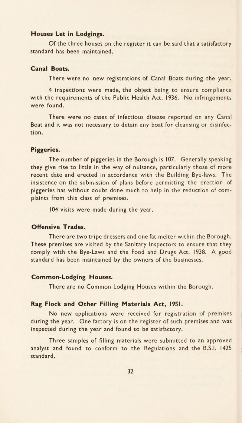 Houses Let in Lodgings. Of the three houses on the register it can be said that a satisfactory standard has been maintained. Canal Boats. There were no new registrations of Canal Boats during the year. 4 inspections were made, the object being to ensure compliance with the requirements of the Public Health Act, 1936. No infringements were found. There were no cases of infectious disease reported on any Canal Boat and it was not necessary to detain any boat for cleansing or disinfec¬ tion. Piggeries. The number of piggeries in the Borough is 107. Generally speaking they give rise to little in the way of nuisance, particularly those of more recent date and erected in accordance with the Building Bye-laws. The insistence on the submission of plans before permitting the erection of piggeries has without doubt done much to help in the reduction of com¬ plaints from this class of premises. 104 visits were made during the year. Offensive Trades. There are two tripe dressers and one fat melter within the Borough. These premises are visited by the Sanitary Inspectors to ensure that they comply with the Bye-Laws and the Food and Drugs Act, 1938. A good standard has been maintained by the owners of the businesses. Common-Lodging Houses. There are no Common Lodging Houses within the Borough. Rag Flock and Other Filling Materials Act, 1951. No new applications were received for registration of premises during the year. One factory is on the register of such premises and was inspected during the year and found to be satisfactory. Three samples of filling materials were submitted to an approved analyst and found to conform to the Regulations and the B.S.I, 1425 standard.