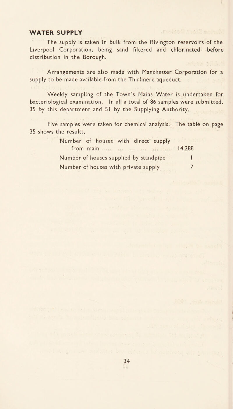 WATER SUPPLY The supply is taken in bulk from the Rivington reservoirs of the Liverpool Corporation, being sand filtered and chlorinated before distribution in the Borough. Arrangements are also made with Manchester Corporation for a supply to be made available from the Thirlmere aqueduct. Weekly sampling of the Town’s Mains Water is undertaken for bacteriological examination. In all a total of 86 samples were submitted. 35 by this department and 51 by the Supplying Authority. Five samples were taken for chemical analysis. The table on page 35 shows the results. Number of houses with direct supply from main .. .. ... 14,288 Number of houses supplied by standpipe I Number of houses with private supply 7