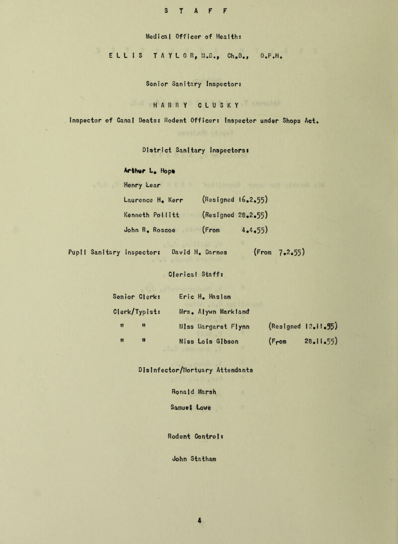 STAFF Medical Officer of Health: ELLIS TAYLOR, M.D., Ch.B., D.P.H. Senior Sanitary Inspector: HARRY CLUSKY Inspector of Canal Boats: Rodent Officer: Inspector under Shops Act. District Sanitary Inspectors* Arthur L, Hop* Henry Lear Laurence H, Kerr (Resigned 16*2*55) Kenneth Pollitt (Resigned 28.2,55) John R, Roscoe (From A.4,55) Pupil Sanitary Inspector: David H, Barnes (From 7*2*55) Clerical Staff: Eric H. Haslam Mrs, A|ywn Mark I and Miss Margaret Flynn (Resigned 12,11,35) Miss Lois Gibson (From 28,11,55) Disinfector/Mortuary Attendants Ronald Marsh Samuel Lowe Rodent Control* John Statham Senior Clerk: Cierk/Typist: it it it n