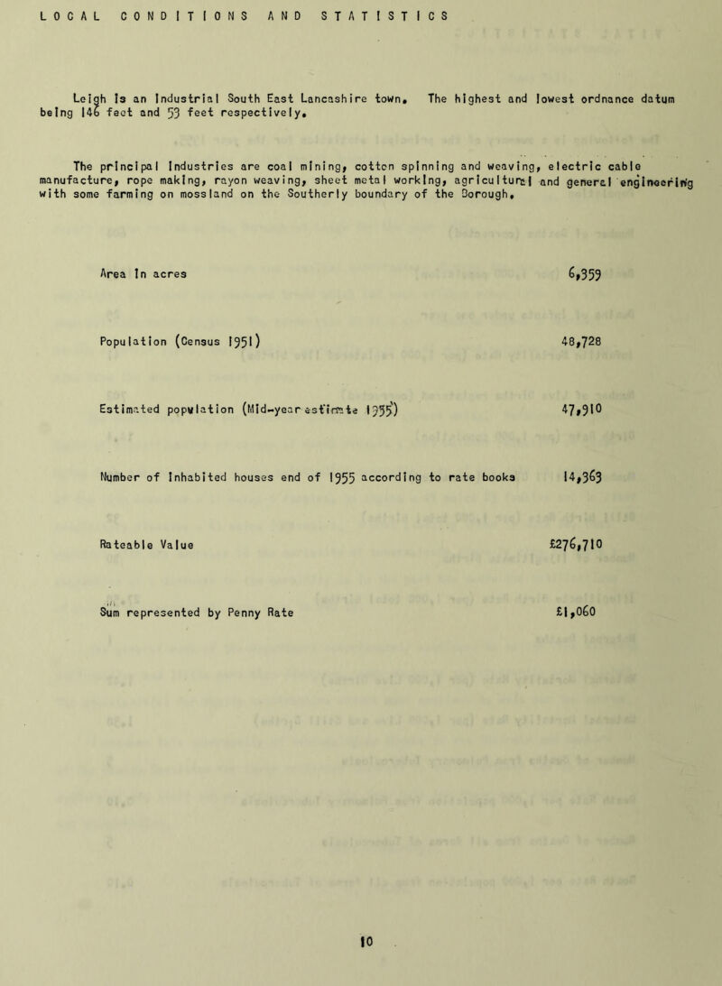 LOCAL CONDITIONS AND STATISTICS Leigh Is an Industrial South East Lancashire town. The highest and lowest ordnance datum being 146 feet and 53 feet respectively. The principal Industries are coal mining, cotton spinning and weaving, electric cable manufacture, rope making, rayon weaving, sheet metal working, agricultural and general engineering with some farming on moss land on the Southerly boundary of the Dorough, Area In acres 6,359 Population (Census 1550 48,728 Estimated population (Mid-year estimate 1955) 47,910 Number of Inhabited houses end of 1955 according to rate books 14,363 Rateable Value £276,710 Sum represented by Penny Rate £|,060
