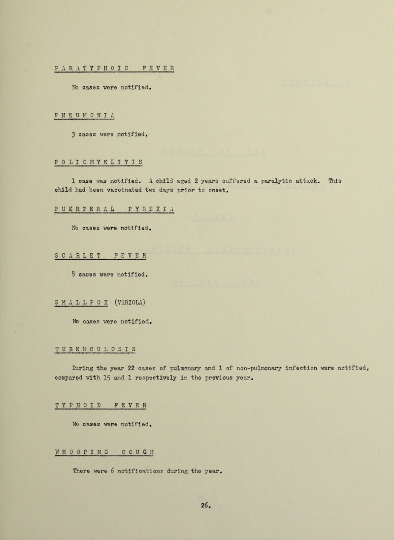 PARATYPHOID FEVER Mb oases were notified. PNEUMONIA 3 oases were notified. POLIOMYELITIS 1 case was notified. A child aged 2 years suffered a paralytic attack. This child had been vaccinated two days prior to onset. PUERPERAL PYREXIA No cases were notified. SCARLET FEVER 8 cases were notified. SMALLPOX (VARIOLA) No cases were notified. TUBERCULOSIS During the year 22 cases of pulmonary and 1 of non-pulmonary infection were notified, compared with 15 and 1 respectively in the previous year. TYPHOID FEVER No cases were notified. \i HOOPING COUGH There were 6 notifications during the year.