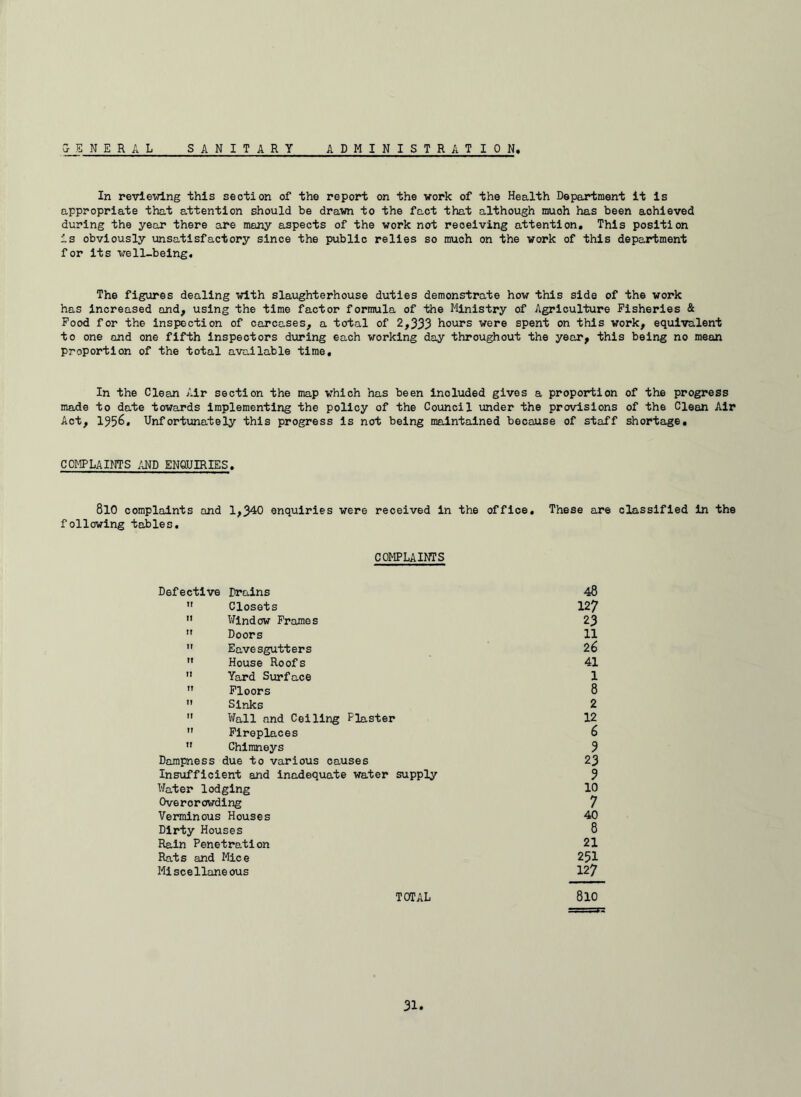 a- E N E R A L S A N I T A R Y ADMINISTRATION, In reviewing this section of the report on the work of the Health Department it is appropriate that attention should be drawn to the fact that although muoh has been aohieved during the year there are many aspects of the work not receiving attention. This position is obviously unsatisfactory since the public relies so much on the work of this department for its well-being. The figures dealing with slaughterhouse duties demonstrate how this side of the work has increased and, using the time factor formula of the Ministry of Agriculture Fisheries & Food for the inspection of carcases, a total of 2,333 hours were spent on this work, equivalent to one and one fifth inspectors during each working day throughout the year, this being no mean proportion of the total available time. In the Clean Air section the map which has been included gives a proportion of the progress made to date towards implementing the policy of the Council under the provisions of the Clean Air Act, 1356. Unfortunately this progress is not being maintained because of staff shortage. COMPLAINTS AND ENQUIRIES. 810 complaints and 1,340 enquiries were received in the office. These are classified in the following tables. COMPLAINTS Defective Drains 48  Closets 127  Window Frames 23  Doors 11  Eavesgutters 26  House Roofs 41  Yard Surface 1  Floors 8  Sinks 2  Wall and Ceiling Plaster 12  Fireplaces 6  Chimneys 9 Dampness due to various causes 23 Insufficient and inadequate water supply 9 Water lodging 10 Overorcrwding 7 Verminous Houses 40 Dirty Houses 8 Rain Penetration 21 Rats and Mice 251 Miscellaneous 127 TOTAL 810