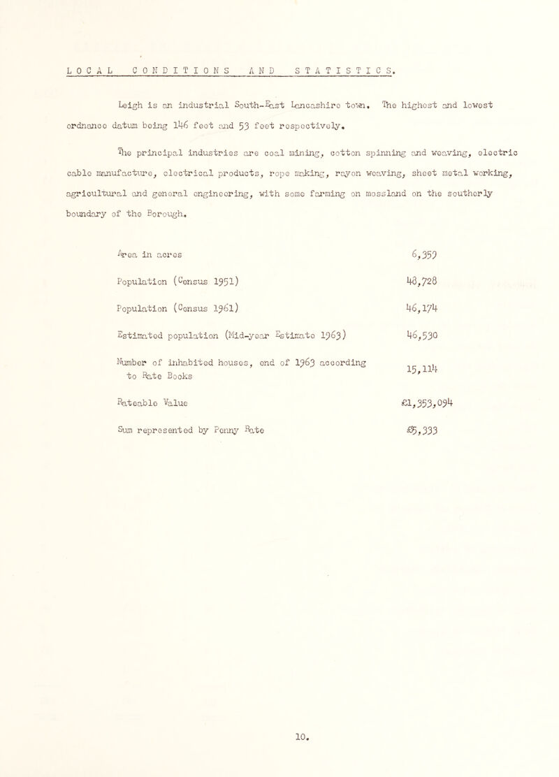 Leigh is an industrial South-last Lancashire town, The highest and lowest ordnance datum being 146 feet and 53 foet respectively, The principal industries are coal mining, cotton spinning and weaving, electric cable manufacture, electrical products, rope making, rayon weaving, sheet metal working, agricultural and general engineering, with some farming on mossland on the southerly boundary of the Borough, trea in acres Population (Census 1951) 43,728 Population (Census 1961) 46,174 Estimated population (Mid-year Estimate 1963) 46,530 Number of inhabited houses, end of 1963 according to Pate Books 15,114 Rateable %lue £1,353,094 Sum represented by Penny Pate £5,333