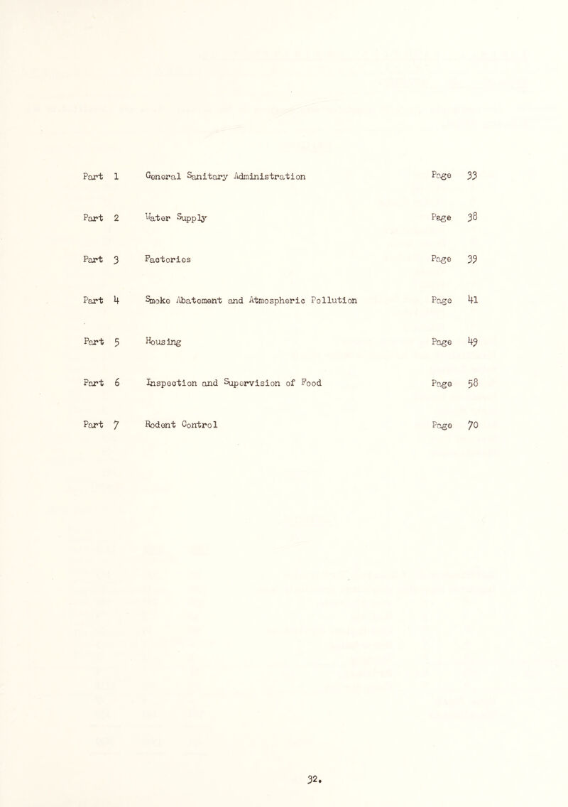 Part 1 General Sanitary Administration Page 33 Part 2 Hater Siappiy- Page 38 Part 3 Factorios Page 33 Part 4 Smoko Abatement and Atmospheric Pollution Page 4l Part 5 Housing Page 43 Part 6 Inspection and Supervision of Pood Page 58 Part 7 Rodent Control Page 70