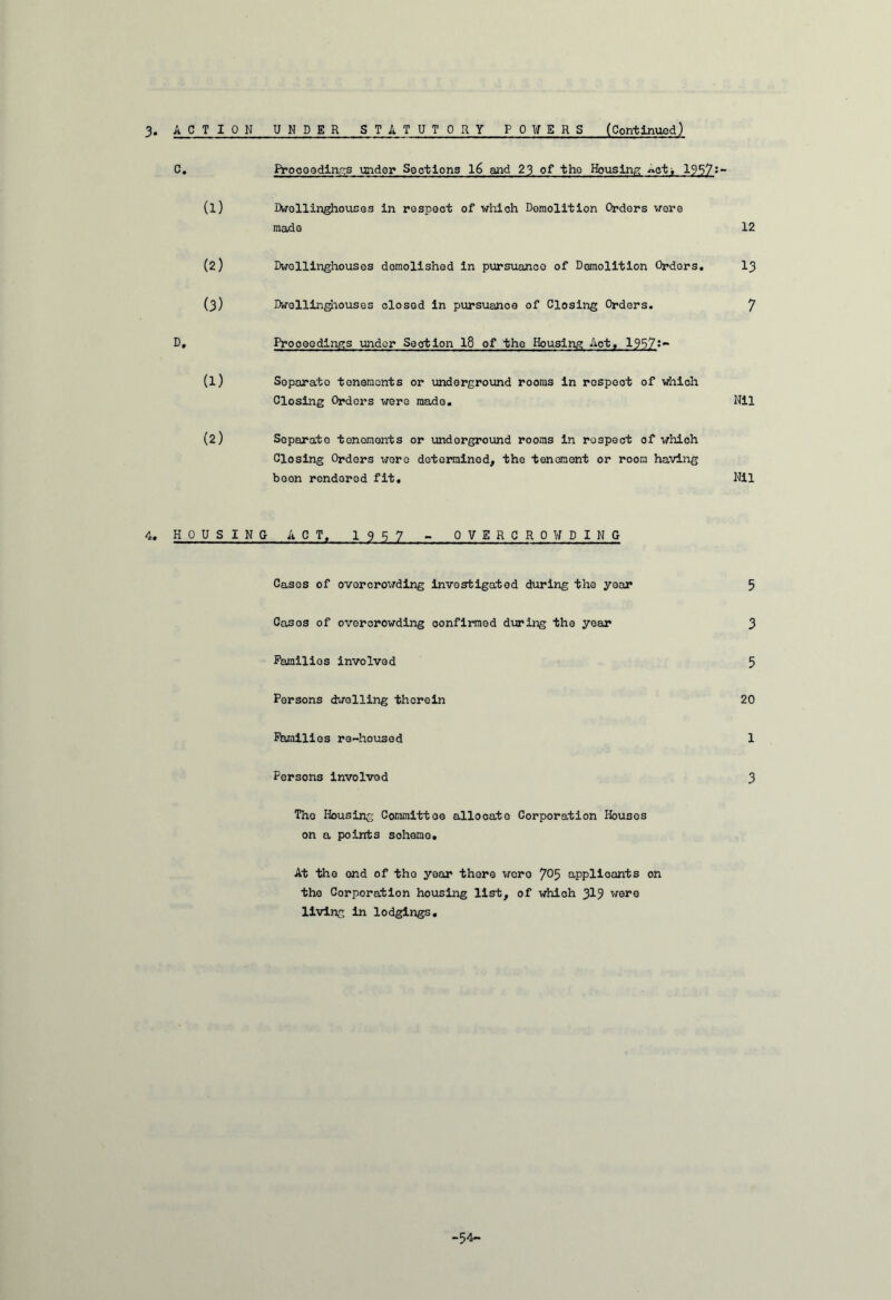 3* ACTION UNDER STATUTORY POWERS (Continued) C. Proceedings under Sections l6 and 23 of tho Housing »ctj 1957s- (1) Dwollinghouses in respect of which Demolition Orders were made 12 (2) Dwollinghouses demolished in pursuance of Demolition Orders. 13 (3) Dwellinghouses closed in pursuance of Closing Orders. 7 D, Proceedings under Seotion 18 of the Housing Act, 1957!- (1) Separate tenements or underground rooms in respect of which Closing Orders were made. Nil (2) Separate tenements or underground rooms in respect of whioh Closing Orders were determined, the tenement or room having beon rendered fit. Nil 4. HOUSING ACT, 1957 - OVERCROWDING Casos of overcrowding investigated during the year 5 Casos of overcrowding confirmed during the year 3 Families involved 5 Persons dwelling therein 20 Families re-housed 1 Persons involvod 3 Tho Housing Committee allocate Corporation Houses on a points sohame. At the end of tho year there wero 7°5 applicants on the Corporation housing list, of whioh 3^9 were living in lodgings. -54—