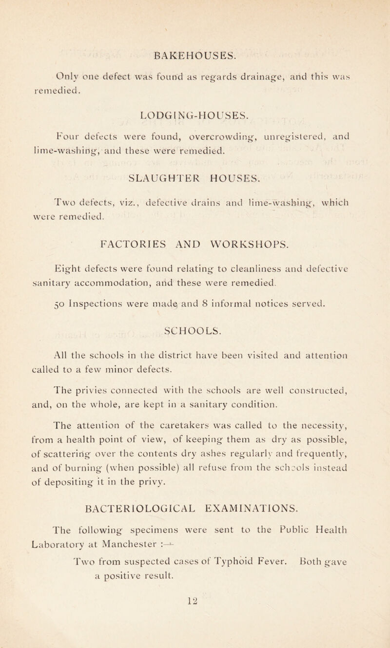 BAKEHOUSES. Only one defect was found as regards drainage, and this was remedied. LODGING-HOUSES. Four defects were found, overcrowding, unregistered, and lime-washing, and these were remedied. SLAUGHTER HOUSES. Two defects, viz., defective drains and lime-washing, which were remedied. FACTORIES AND WORKSHOPS. Eight defects were found relating to cleanliness and defective sanitary accommodation, arid these were remedied. 50 Inspections were made and 8 informal notices served. SCHOOLS. All the schools in the district have been visited and attention called to a few minor defects. The privies connected with the schools are well constructed, and, on the whole, are kept in a sanitary condition. The attention of the caretakers was called to the necessity, from a health point of view, of keeping them as dry as possible, of scattering over the contents dry ashes regularly and frequently, and of burning (when possible) all refuse from the schools instead of depositing it in the privy. BACTERIOLOGICAL EXAMINATIONS. The following specimens were sent to the Public Health Laboratory at Manchester Two from suspected cases of Typhoid Fever. Both gave a positive result.