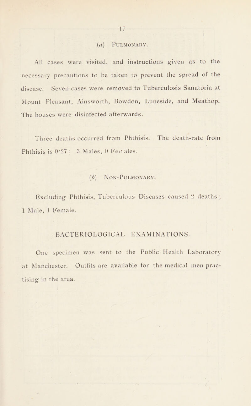 (a) Pulmonary. All cases were visited, and instructions given as to the necessary precautions to be taken to prevent the spread of the disease. Seven cases were removed to Tuberculosis Sanatoria at Mount Pleasant, Ainsworth, Bowdon, Luneside, and Meathop. The houses were disinfected afterwards. Three deaths occurred from Phthisis. The death-rate from Phthisis is 0*27 ; 3 Males, 0 Females. (b) Non-Pulmonary. Excluding Phthisis, Tuberculous Diseases caused 2 deaths ; 1 Male, 1 Female. BACTERIOLOGICAL EXAMINATIONS. One specimen was sent to the Public Health Laboratory at Manchester. Outfits are available for the medical men prac¬ tising in the area.