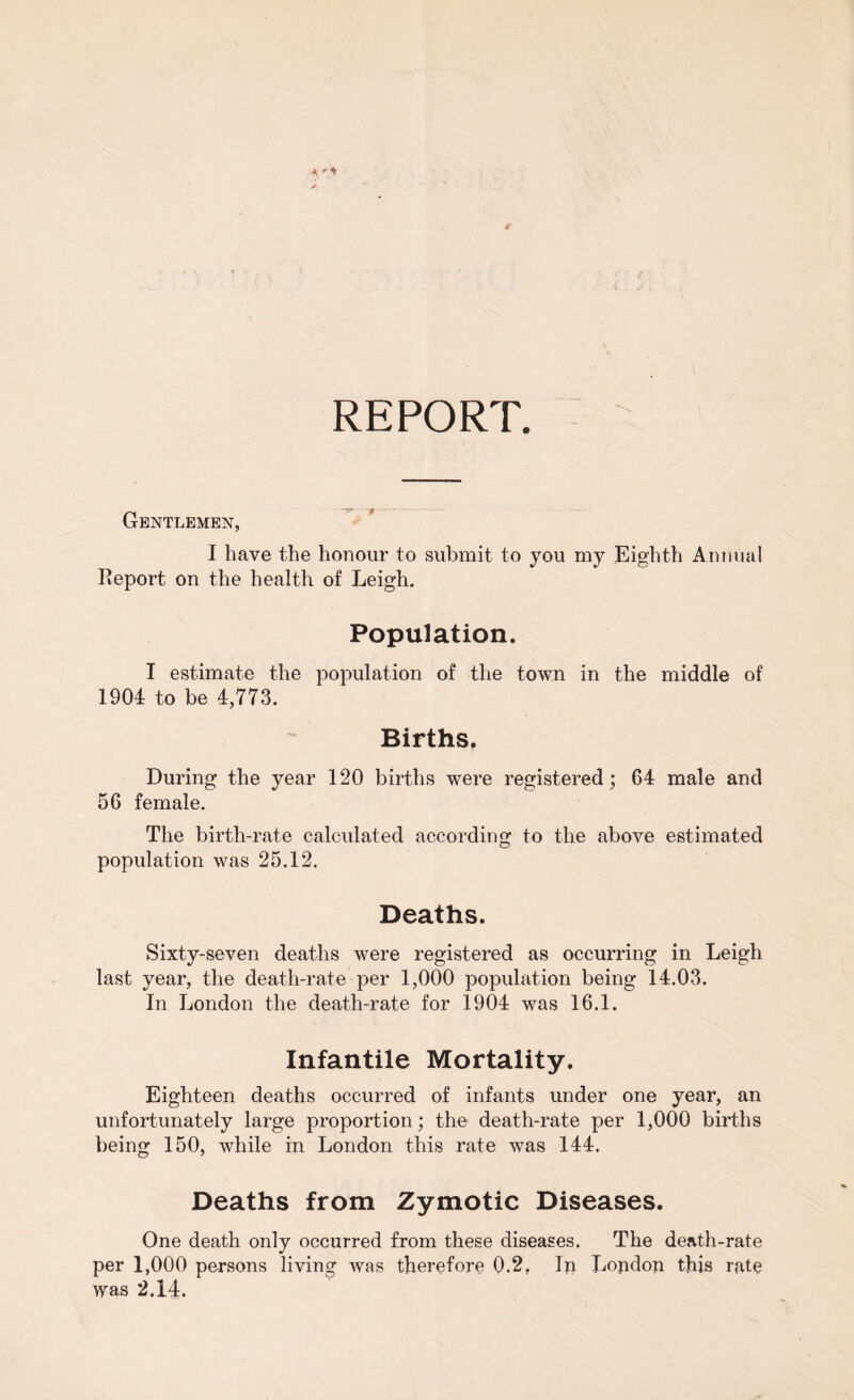REPORT Gentlemen, I have the honour to submit to you my Eighth Annual Report on the health of Leigh. Population. I estimate the population of the town in the middle of 1904 to be 4,773. Births. During the year 120 births were registered; 64 male and 56 female. The birth-rate calculated according to the above estimated population was 25.12. Deaths. Sixty-seven deaths were registered as occurring in Leigh last year, the death-rate per 1,000 population being 14.03. In London the death-rate for 1904 was 16.1. Infantile Mortality. Eighteen deaths occurred of infants under one year, an unfortunately large proportion; the death-rate per 1,000 births being 150, while in London this rate was 144. Deaths from Zymotic Diseases. One death only occurred from these diseases. The death-rate per 1,000 persons living was therefore 0-2, In London this rate was 2.14.