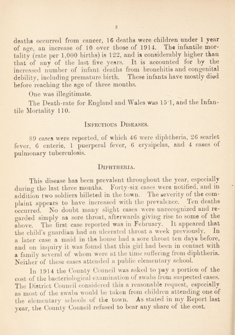 deaths occurred from cancer, 16 deaths were children under 1 year of age, an increase of 10 over those of 1914. The infantile mor¬ tality (rate per 1,000 births) is 122, and is considerably higher than that of any of the last five years. It is accounted for by the increased number of infant deaths from bronchitis and congenital debility, including premature birth. These infants have mostly died before reaching the age of three months. One was illegitimate. The Death-rate for England and Wales was 15T, and the Infan¬ tile Mortality 110. Infectious Diseases. 89 cases were reported, of which 46 were diphtheria, 26 scarlet fever, 6 enteric, 1 puerperal fever, 6 erysipelas, and 4 cases of pulmonary tuberculosis. Diphtheria. This disease has been prevalent throughout the year, especially during the last three months. Forty-six cases were notified, and in addition two soldiers billeted in the town. The severity of the com¬ plaint appears to have increased with the prevalence. Ten deaths occurred. No doubt many slight cases were unrecognized and xe- garded simply as sore throat, afterwards giving rise to some of the above. The first case reported was in February. It appeared that the child’s guardian had an ulcerated throat a week previously. In a later case a maid m the house had a sore throat ten days befoie, and on inquiry it was found that this girl had been m contact with a family several of whom were at the time suffering from diphtheria. Neither of these cases attended a public elementary school. In 1914 the County Council was asked to pay a portion of the cost of the bacteriological examination of swabs from suspected cases. The District Council considered this a reasonable request, especially as most of the swabs would be taken from children attending one of the elementary schools of the town. As stated in my Report last year, the County Council refused to bear any share of the cost.