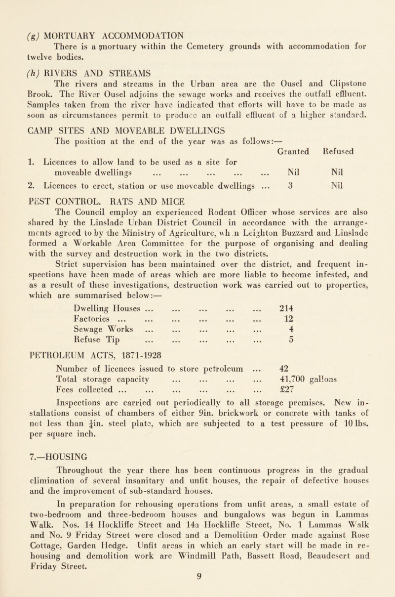 (g) MORTUARY ACCOMMODATION There is a piortuary within the Cemetery grounds with accommodation for twelve bodies. (h) RIVERS AND STREAMS The rivers and streams in the Urban area are the Ousel and Clipstone Brook. The River Ousel adjoins the sewage works and receives the outfall effluent. Samples taken from the river have indicated that efforts will have to be made as soon as circumstances permit to produce an outfall effluent of a higher standard. CAMP SITES AND MOVEABLE DWELLINGS The position at the end of the year was as follows:— Granted Refused 1. Licences to allow land to be used as a site for moveable dwellings ... ... ... ... ... Nil Nil 2. Licences to erect, station or use moveable dwellings ... 3 Nil PEST CONTROL. RATS AND MICE The Council employ an experienced Rodent Officer whose services are also shared by the Linslade Urban District Council in accordance with the arrange¬ ments agreed to by the Ministry of Agriculture, wh n Leighton Buzzard and Linslade formed a Workable Area Committee for the purpose of organising and dealing with the survey and destruction work in the two districts. Strict supervision has been maintained over the district, and frequent in¬ spections have been made of areas which are more liable to become infested, and as a result of these investigations, destruction work was carried out to properties, which are summarised below:— Dwelling Houses ... ... ... ... ... 214 Factories ... ... ... ... ... ... 12 Sewage Works ... ... ... ... ... 4 Refuse Tip ... ... ... ... ... 5 PETROLEUM ACTS, 1871-1928 Number of licences issued to store petroleum Total storage capacity Fees collected ... 42 41,700 gallons £27 Inspections are carried out periodically to all storage premises. New in¬ stallations consist of chambers of either 9in. brickwork or concrete with tanks of not less than Jin. steel plate, which are subjected to a test pressure of 10 lbs. per square inch. 7.—HOUSING Throughout the year there has been continuous progress in the gradual elimination of several insanitary and unfit houses, the repair of defective houses and the improvement of sub-standard houses. In preparation for rehousing operations from unfit areas, a small estate of two-bedroom and three-bedroom houses and bungalows was begun in Lammas Walk. Nos. 14 Hockliffe Street and 14a Hockliffe Street, No. 1 Lammas Walk and No. 9 Friday Street were closed and a Demolition Order made against Rose Cottage, Garden Hedge. Unfit areas in which an early start will be made in re¬ housing and demolition work are Windmill Path, Bassett Road, Beaudesert and Friday Street.
