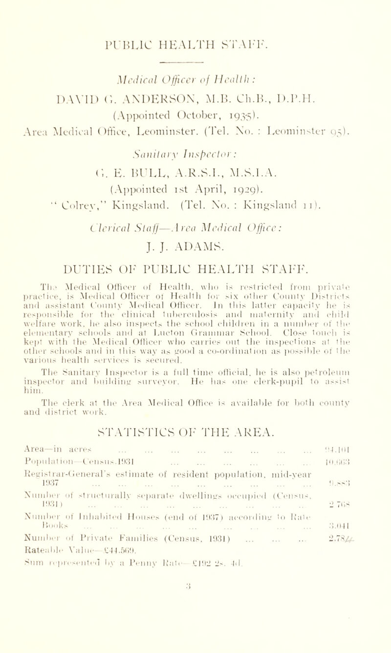 PUBLIC HEALTH STALE. Medical Officer of Health: DAVII) (L ANDERSON, M.IL Ch.K., D.P.H. (Appointed October, 1935). Area Medical Office, Leominster. (Tel. No.: Leominster 95). Sanitary Inspector: 0. E. BULL, A.R.S.I., M.S.l.A. (Appointed 1st April, 1929). “ Colrev,” Kingsland. (Tel. No.: Kingsland 11). (. laical Staff—Area Medical (iffice: J. J- ADAMS. DUTIES Ob' PUBLIC HEALTH STAL'D. TIis Medical Officer of Health, who is restricted from private practice, is Medical Officer of Health for six other County Districts and assistant County Medical Officer. In this latter capacity he is responsible for the clinical tuberculosis and maternity and child welfare work, he also inspects the school children in a number of the elementary schools and at Lueton Grammar School. Close touch is kept with the Medical Officer who carries out the inspections at the other schools and in this way as jrood a co-ordination as possible of the various health services is secured. The Sanitary Inspector is a full time official, he is also petroleum inspector and building surveyor. He has one clerk-pupil to assist him. The clerk at the Area Medical Office is available for both county and district work. STATISTICS OK THE AREA. Area—in acres tt-I.HH Population- Census.1!)31 Registrar-General's estimate of resident population, 1937 . mid-year - 1. > > 1 Number of structurallv separate dwellings occupied 1931) . . . (Census, 2 7t is Number of Inhabited Houses (end of |!)37) accordin' Hooks c to Rale 3.011 Number ot Private Families (Census. 1931) Rateable Value U4-l.5(>9. Sum represented by a Penny Hate 092 2-. -Id. 2,78.