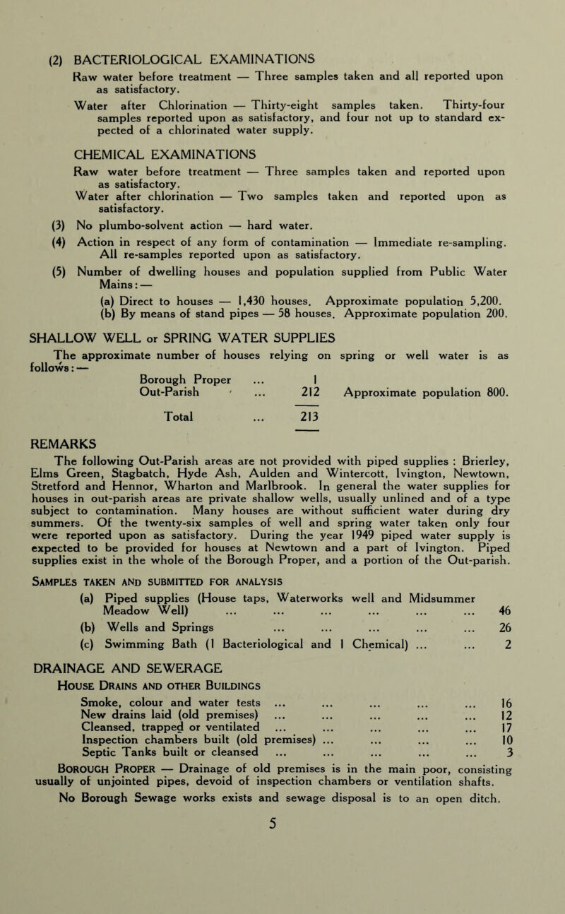 (2) BACTERIOLOGICAL EXAMINATIONS Raw water before treatment — Three samples taken and all reported upon as satisfactory. Water after Chlorination — Thirty-eight samples taken. Thirty-four samples reported upon as satisfactory, and four not up to standard ex¬ pected of a chlorinated water supply. CHEMICAL EXAMINATIONS Raw water before treatment — Three samples taken and reported upon as satisfactory. Water after chlorination — Two samples taken and reported upon as satisfactory. (3) No plumbo-solvent action — hard water. (4) Action in respect of any form of contamination — Immediate re-sampling. All re-samples reported upon as satisfactory. (5) Number of dwelling houses and population supplied from Public Water Mains: — (a) Direct to houses — 1,430 houses. Approximate population 5,200. (b) By means of stand pipes — 58 houses. Approximate population 200. SHALLOW WELL or SPRING WATER SUPPLIES The approximate number of houses relying on spring or well water is as follows: — Borough Proper ... 1 Out-Parish ... 212 Approximate population 800. Total ... 213 REMARKS The following Out-Parish areas are not provided with piped supplies : Brierley, Elms Green, Stagbatch, Hyde Ash, Aulden and Wintercott, Ivington, Newtown, Stretford and Hennor, Wharton and Marlbrook. In general the water supplies for houses in out-parish areas are private shallow wells, usually unlined and of a type subject to contamination. Many houses are without sufficient water during dry summers. Of the twenty-six samples of well and spring water taken only four were reported upon as satisfactory. During the year 1949 piped water supply is expected to be provided for houses at Newtown and a part of Ivington. Piped supplies exist in the whole of the Borough Proper, and a portion of the Out-parish. Samples taken and submitted for analysis (a) Piped supplies (House taps, Waterworks well and Midsummer Meadow Well) ... ... ... ... ... ... 46 (b) Wells and Springs ... ... ... ... ... 26 (c) Swimming Bath (1 Bacteriological and 1 Chemical) ... ... 2 DRAINAGE AND SEWERAGE House Drains and other Buildings Smoke, colour and water tests ... ... ... ... ... 16 New drains laid (old premises) ... ... ... ... ... 12 Cleansed, trapped or ventilated ... ... ... ... ... 17 Inspection chambers built (old premises) ... ... ... ... 10 Septic Tanks built or cleansed ... ... ... ... ... 3 Borough Proper — Drainage of old premises is in the main poor, consisting usually of unjointed pipes, devoid of inspection chambers or ventilation shafts. No Borough Sewage works exists and sewage disposal is to an open ditch.