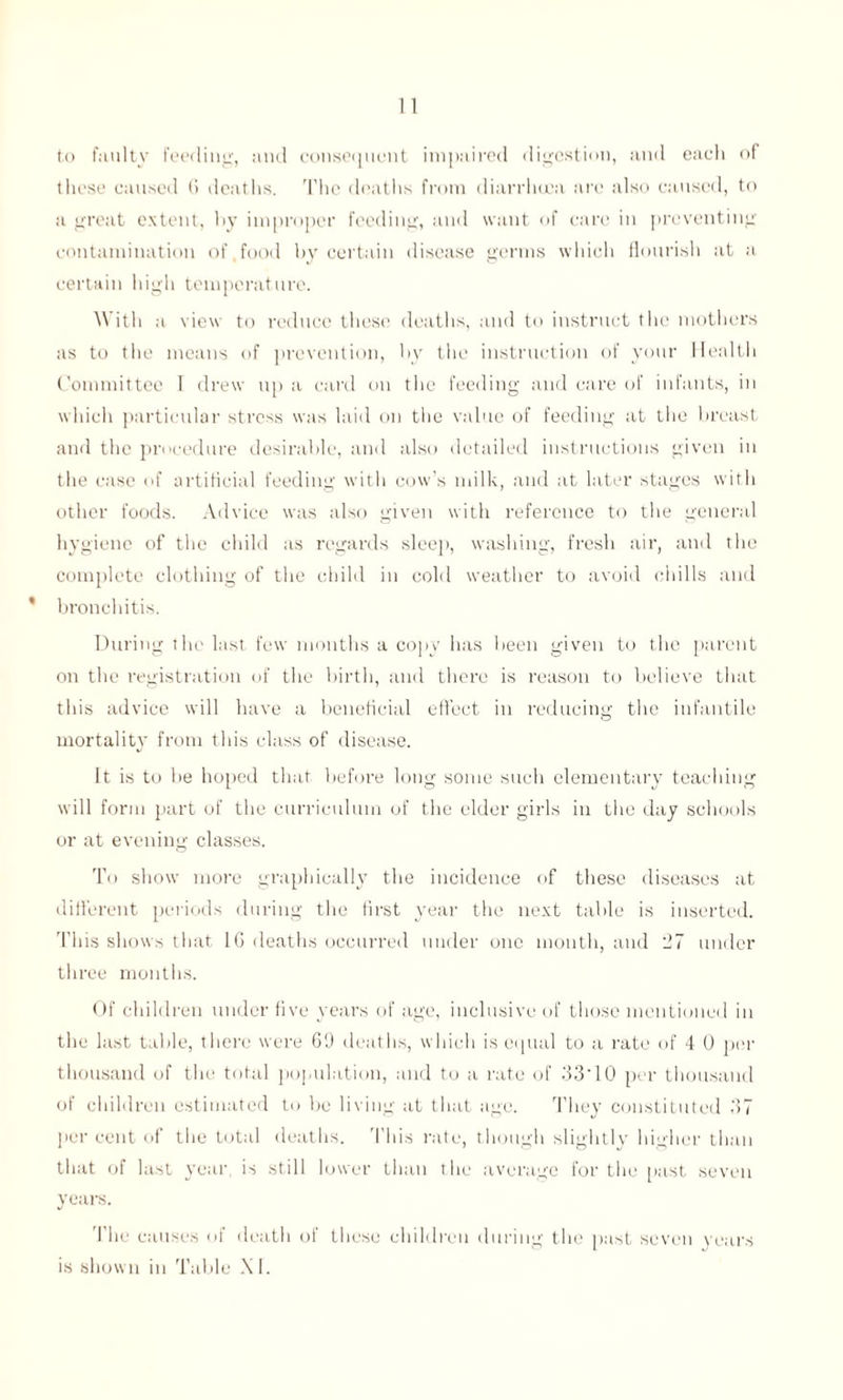 to faulty feeding, and consequent impaired digestion, and each of these caused 6 deaths. The deaths from diarrhoea are also caused, to a great extent, by improper feeding, and want of care in preventing contamination of,food by certain disease germs which flourish at a certain high temperature. \\ itli a view to reduce these deaths, and to instruct the mothers as to the means of prevention, by the instruction of your Health Committee 1 drew up a card on the feeding and care of infants, in which particular stress was laid on the value of feeding at the breast and the procedure desirable, and also detailed instructions given in the case of artificial feeding with cow’s milk, and at later stages with other foods. Advice was also given with reference to the general hygiene of the child as regards sleep, washing, fresh air, and the complete clothing of the child in cold weather to avoid chills and bronchitis. During the last few months a copy has been given to the parent on the registration of the birth, and there is reason to believe that this advice will have a beneficial effect in reducing the infantile mortality from this class of disease. It is to be hoped that before long some such elementary teaching will form part of the curriculum of the elder girls in the day schools or at evening classes. To show more graphically the incidence of these diseases at different periods during the first year the next table is inserted. This shows that IG deaths occurred under one month, and 27 under three months. Of children under five years of age, inclusive of those mentioned in the last table, there were 69 deaths, which is equal to a rate of 4 0 per thousand of the total population, and to a rate of 33-10 per thousand of children estimated to be living at that age. They constituted 37 per cent of the total deaths. This rate, though slightly higher than that of last year, is still lower than the average for the past seven years. The causes *4 death of these children during the past seven years