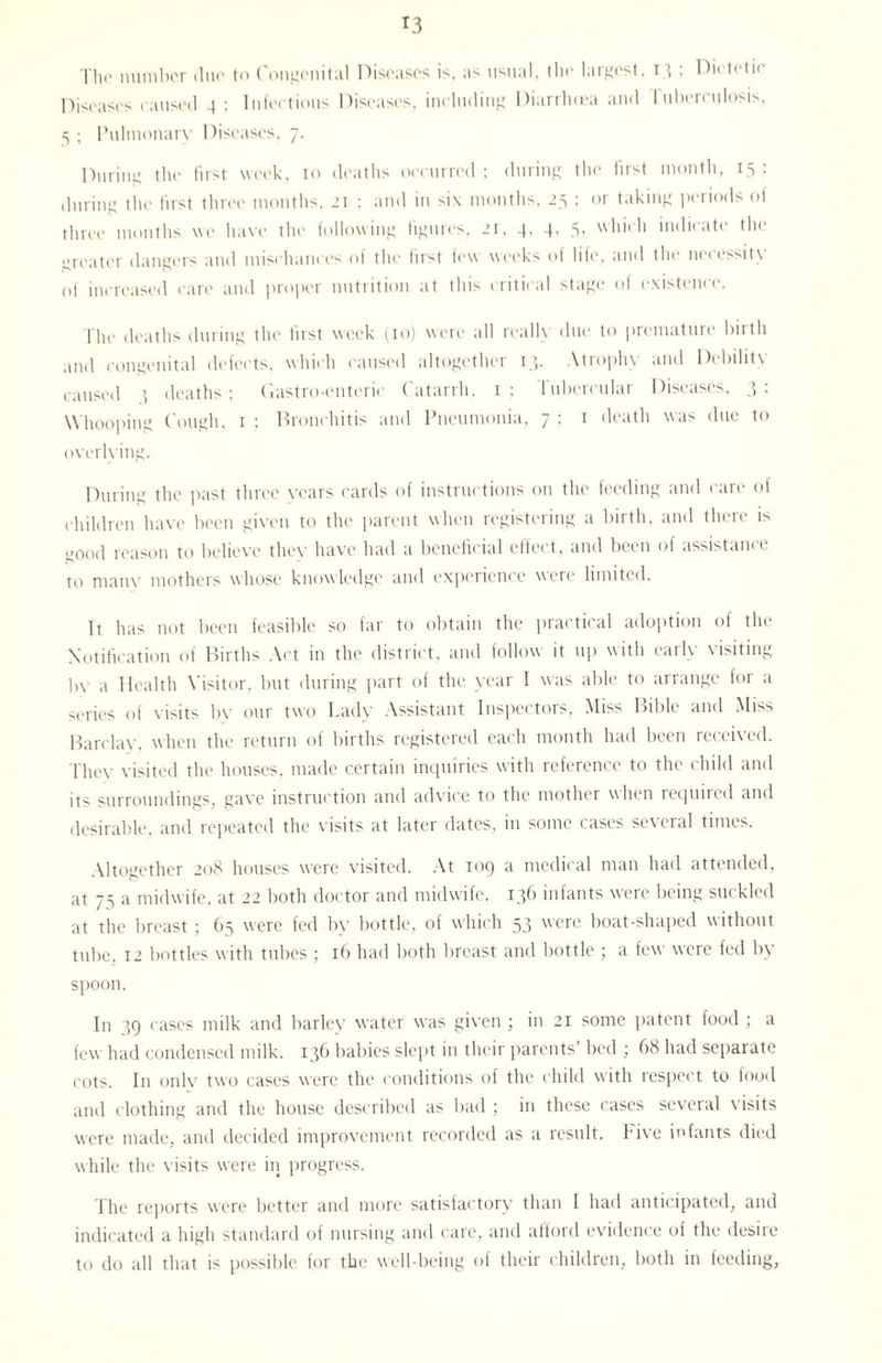 Diseases caused 4 : Infectious Diseases, including Diarrhoea and tuberculosis, 5 ; Pulmonary Diseases, 7. During the first week, 10 deaths occurred; during the first month, 15; during the first three months, 21 ; and in six months, 25 ; or taking periods of three months we have the following figures, 21, 4. 4, 5, which indicate the greater dangers and mischances of the first few weeks of life, and the necessity of increased care and proper nutrition at this critical stage of existence. The deaths during the first week (10) were all really due. to premature birth and congenital defects, which caused altogether 13. Atrophy and Debility caused 3 deaths; ('.astro-enteric Catarrh, 1; Tubercular Diseases, 3; Whooping Cough, 1 ; Bronchitis and Pneumonia, 7 ; 1 death was due to overlying. During the past three years cards of instructions on the feeding and care of children have been given to the parent when registering a birth, and there is good reason to believe they have had a beneficial effect, and been of assistance to many mothers whose knowledge and experience were limited. It has not been feasible so far to obtain the practical adoption of the Notification of Births Act in the district, and follow it up with early visiting by a Health Visitor, but during part of the year I was able to arrange for a series of visits by our two Lady Assistant Inspectors, Miss Bible and Miss Barclay, when the return of births registered each month had been received. Thev visited the houses, made certain inquiries with reference to the child and its surroundings, gave instruction and advice to the mother when required and desirable, and repeated the visits at later dates, in some cases several times. Altogether 208 houses were visited. At 109 a medical man had attended, at 75 a midwife, at 22 both doctor and midwife. 136 infants were being suckled at the breast ; 65 were fed by bottle, of which 53 were boat-shaped without tube, 12 bottles w ith tubes ; 16 had both breast and bottle ; a few were fed by spoon. In 39 cases milk and barley water was given ; in 21 some patent food ; a few had condensed milk. 13b babies slept in their parents bed ; 68 had separate cots. In only two cases were the conditions of the child with respect to food and clothing and the house described as bad ; in these cases several visits were made, and decided improvement recorded as a result. Five infants died while the visits were in progress. The reports were better and more satisfactory than I had anticipated, and indicated a high standard of nursing and care, and afford evidence of the desire to do all that is possible for the well-being of their children, both in feeding.