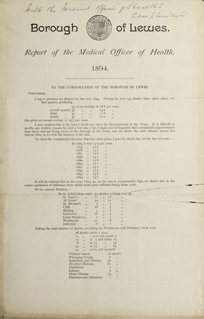 Borough t. S y of Liecues. Report of the Medical Officer of Health, 1894. TO THE CORPORATION OF THE BOROUGH OF LEWES. Gentlemen, I beg to produce my Report for the year 1894. During the year 155 deaths have taken place, the first quarter producing 53 or an average of 18 8 per 1000. second quarter 37 „ „ 13'2 „ third ,, 33 „ „ 11'6 „ fourth „ 32 ,, „ 11 ‘2 „ this gives an annual average ot 137 per 1000. I may mention this is the lowest death rate since the Incorporation of the Town. It is difficult to ascribe any definite reason for such a low rate; but it must not be forgotten that considerable improvements have been, and are being, made in the drainage of the Town, and no doubt the mild climatic season has had no little to do with the lowness of the rate. To show the considerable decrease that has taken place, I give the death rate for the last ten years 1884 it was I5'9 1885 i9-6 1886 jf i47 1887 i6'6 1888 19 t4‘5 1889 9» 15-8 1890 91 lTI 1891 99 i5-1 1892 91 177 1893 99 i5*5 1894 99 137 It will be noticed that in the years 1890, 91, 92 the rate is exceptionally high, no doubt due to the severe epidemics of influenza, from which most parts suffered during those years. Of the various Parishes,— _ -—  In St. John’s there were 34 deaths, 9 being over 05. St. Anne’s „ 21 99 IO 99 All Saints’ ,, 34 19 12 99 St. Michael’s „ 7 99 2 99 Cliffe 18 99 5 99 Mailing „ 5 99 2 99 Southover „ 18 99 4 99 Castle Precincts „ 1 99 1 99 Workhouse ,, 11 99 8 99 Infirmary „ 6 99 1 99 Taking the total number of deaths, including the Workhouse and Infirmary, there were 26 deaths under 1 year. 12 „ 1 year and under 5. 10 „ at ? and under 15. 8 „ at 15 „ 25. 45 » at 25 » 65- 54 „ at 65 and upwards. Phthisis caused 18 deaths Whooping Cough 6 „ Bronchitis and Pleurisy 28 ,, All other Diseases 85 „ Diphtheria 2 ,, Injuries 2 „ Heart Disease 13 ,,