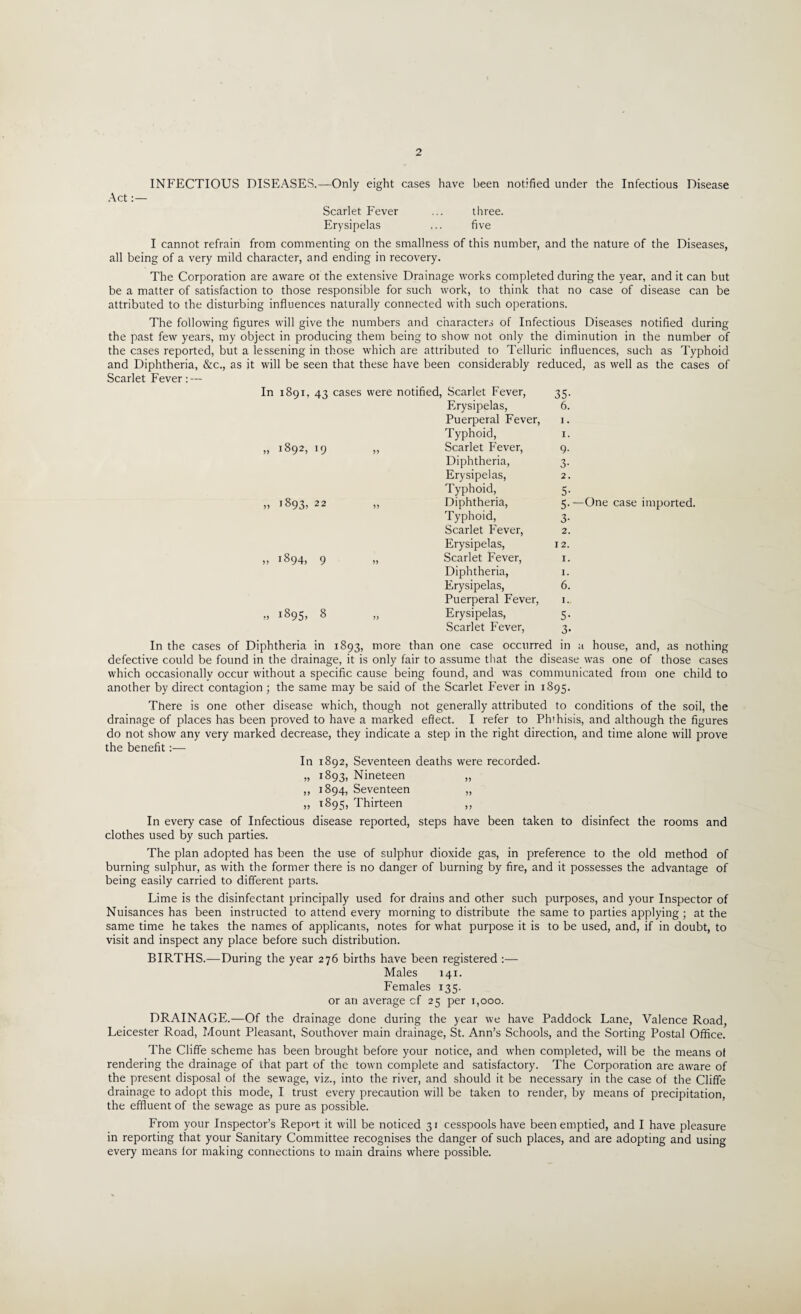 INFECTIOUS DISEASES.—Only eight cases have been notified under the Infectious Disease Act:— Scarlet Fever ... three. Erysipelas ... five I cannot refrain from commenting on the smallness of this number, and the nature of the Diseases, all being of a very mild character, and ending in recovery. The Corporation are aware ot the extensive Drainage works completed during the year, and it can but be a matter of satisfaction to those responsible for such work, to think that no case of disease can be attributed to the disturbing influences naturally connected with such operations. The following figures will give the numbers and characters of Infectious Diseases notified during the past few years, my object in producing them being to show not only the diminution in the number of the cases reported, but a lessening in those which are attributed to Telluric influences, such as Typhoid and Diphtheria, &c., as it will be seen that these have been considerably reduced, as well as the cases of Scarlet Fever: — In 1891, 43 cases were notified, Scarlet Fever, 35- Erysipelas, 6. Puerperal Fever, 1. Typhoid, 1. „ 1892, 19 >> Scarlet Fever, 9- Diphtheria, 3- Erysipelas, 2. Typhoid, 5- „ 1893, 22 >> Diphtheria, 5. —One case imported. Typhoid, 3- Scarlet Fever, 2. Erysipelas, 12. „ 1894, 9 J) Scarlet Fever, I. Diphtheria, I. Erysipelas, 6. Puerperal Fever, 1. „ 1895. 8 Erysipelas, 5- Scarlet Fever, 3- In the cases of Diphtheria in 1893, more than one case occurred in a house, and, as nothing defective could be found in the drainage, it is only fair to assume that the disease was one of those cases which occasionally occur without a specific cause being found, and was communicated from one child to another by direct contagion; the same may be said of the Scarlet Fever in 1895. There is one other disease which, though not generally attributed to conditions of the soil, the drainage of places has been proved to have a marked effect. I refer to Phthisis, and although the figures do not show any very marked decrease, they indicate a step in the right direction, and time alone will prove the benefit:— In 1892, Seventeen deaths were recorded. „ 1893, Nineteen „ ,, 1894, Seventeen „ ,, 1895, Thirteen ,, In every case of Infectious disease reported, steps have been taken to disinfect the rooms and clothes used by such parties. The plan adopted has been the use of sulphur dioxide gas, in preference to the old method of burning sulphur, as with the former there is no danger of burning by fire, and it possesses the advantage of being easily carried to different parts. Lime is the disinfectant principally used for drains and other such purposes, and your Inspector of Nuisances has been instructed to attend every morning to distribute the same to parlies applying ; at the same time he takes the names of applicants, notes for what purpose it is to be used, and, if in doubt, to visit and inspect any place before such distribution. BIRTHS.—During the year 276 births have been registered :— Males 141. Females 135. or an average cf 25 per 1,000. DRAINAGE.—Of the drainage done during the year we have Paddock Lane, Valence Road, Leicester Road, Mount Pleasant, Southover main drainage, St. Ann’s Schools, and the Sorting Postal Office. The Cliffe scheme has been brought before your notice, and when completed, will be the means of rendering the drainage of that part of the town complete and satisfactory. The Corporation are aware of the present disposal of the sewage, viz., into the river, and should it be necessary in the case of the Cliffe drainage to adopt this mode, I trust every precaution will be taken to render, by means of precipitation, the effluent of the sewage as pure as possible. From your Inspector’s Report it will be noticed 31 cesspools have been emptied, and I have pleasure in reporting that your Sanitary Committee recognises the danger of such places, and are adopting and using every means for making connections to main drains where possible.