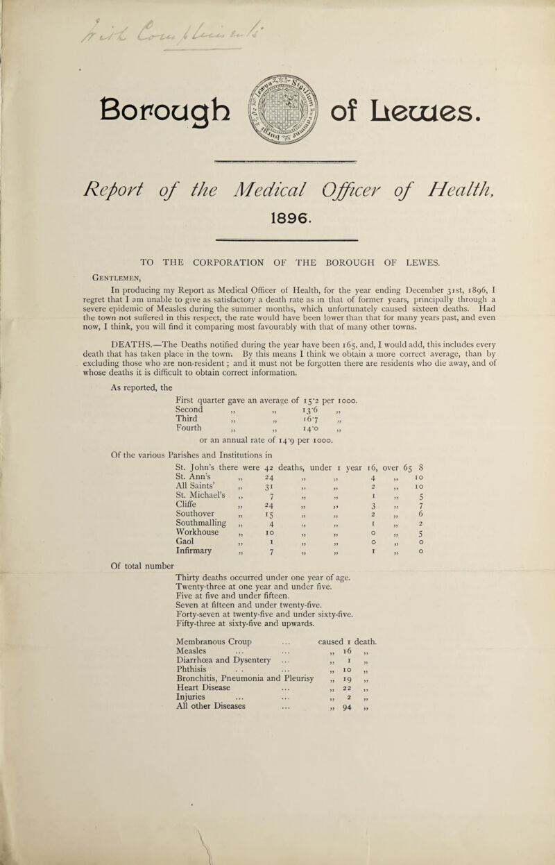 9 Z> A v / Borough of beetles. Report of the Medical Officer of Health, 1896. TO THE CORPORATION OF THE BOROUGH OF LEWES. Gentlemen, In producing my Report as Medical Officer of Health, for the year ending December 31st, 1896, I regret that lam unable to give as satisfactory a death rate as in that of former years, principally through a severe epidemic of Measles during the summer months, which unfortunately caused sixteen deaths. Had the town not suffered in this respect, the rate would have been lower than that for many years past, and even now, I think, you will find it comparing most favourably with that of many other towns. DEATHS.—The Deaths notified during the year have been 165, and, I would add, this includes every death that has taken place in the town. By this means I think we obtain a more correct average, than by excluding those who are non-resident; and it must not be forgotten there are residents who die away, and of whose deaths it is difficult to obtain correct information. As reported, the First quarter gave an average of 15*2 per 1000. Second ,, ,, 13'6 Third [6'7 „ Fourth „ „ 14-0 „ or an annual rate of 14 '9 per 1000. Of the various Parishes and Institutions in St. John’s there were 42 deaths, under 1 St. Ann’s „ 24 „ „ All Saints’ „ 31 „ St. Michael’s ,, 7 „ „ Cliffs ,, 24 ,, ,, Southover „ 15 „ „ Southmalling „ 4 ., „ Workhouse „ 10 „ „ Gaol ,, 1 ,, ,, Infirmary „ 7 „ „ year 16, over 65 8 4 » to 2 „ 10 1 » 5 3 » 7 2 „ 6 1 „ 2 o >, 5 o „ o I „ o Of total number Thirty deaths occurred under one year of age. Twenty-three at one year and under five. Five at five and under fifteen. Seven at fifteen and under twenty-five. Forty-seven at twenty-five and under sixty-five. Fifty-three at sixty-five and upwards. Membranous Croup Measles Diarrhoea and Dysentery Phthisis Bronchitis, Pneumonia and Pleurisy Heart Disease Injuries All other Diseases caused 1 death. 16 5) >5 I » >> 10 5) 5J 19 >> JJ 22 >> 2 )) 94 if