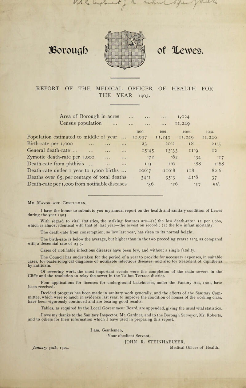 VJl /U 7 ^ JSorougb REPORT OF THE MEDICAL OFFICER OF HEALTH FOR THE YEAR 1903. Area of Borough in acres ... 1,024 Census population ... 1 1,249 1900. 1901. 1902. 1903. Population estimated to middle of year ... 10,997 T 1,249 I 1,249 I 1,249 Birth-rate per 1,000 23 20'2 18 21'5 General death-rate ... 15 *45 13*33 11 *9 12 Zymotic death-rate per 1,000 .72 •62 •34 •17 Death-rate from phthisis ... 1 9 i *6 *88 r68 Death-rate under 1 year to 1,000 births ... 1067 116’8 118 82-6 Deaths over 65, percentage of total deaths 34*1 35*3 41 *8 37 Death-rate per 1,000 from notifiable diseases •36 •26 •17 nil. Mr. Mayor and Gentlemen, I have the honor to submit to you my annual report on the health and sanitary condition of Lewes during the year 1903. With regard to vital statistics, the striking features are—(1) the low death-rate : 12 per 1,000, which is almost identical with that of last year—the lowest on record ; (2) the low infant mortality. The death-rate from consumption, so low last year, has risen to its normal height. The birth-rate is below the average, but higher than in the two preceding years: 21 ‘5, as compared with a decennial rate of 23'5. Cases of notifiable infectious diseases have been few, and without a single fatality. The Council has undertaken for the period of a year to provide for necessary expenses, in suitable cases, for bacteriological diagnosis of notifiable infectious diseases, and also for treatment of diphtheria by antitoxin. Of sewering work, the most important events were the completion of the main sewers in the Cliffe and the resolution to relay the sewer in the Talbot Terrace district. Four applications for licenses for underground bakehouses, under the Factory Act, 1901, have been received. Decided progress has been made in sanitary work generally, and the efforts of the Sanitary Com¬ mittee, which were so much in evidence last year, to improve the condition of houses of the working class, have been vigorously continued and are bearing good results. Tables, as required by the Local Government Board, are appended, giving the usual vital statistics. I owe my thanks to the Sanitary Inspector, Mr. Gardner, and to the Borough Surveyor, Mr. Roberts, and to others for their information which I have used in preparing this report. January 30th, 1904. I am, Gentlemen, Your obedient Servant, JOHN R. STEINHAEUSER, Medical Officer of Health.