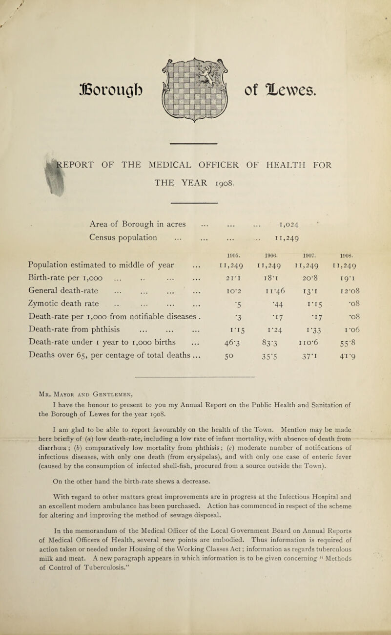 Bot'ougb of Xewes. MREPORT OF THE MEDICAL OFFICER OF HEALTH FOR THE YEAR 1908. Area of Borough in acres Census population 1905. 1,024 11,249 190(5. 1907. 1908. Population estimated to middle of year 11,249 11,249 11,249 11,249 Birth-rate per 1,000 21 ■ 1 18 • i 20-8 I9-I General death-rate 10‘2 11 ’46 13-1 I 2‘08 Zymotic death rate •5 •44 1*15 •08 Death-rate per 1,000 from notifiable diseases . '3 •17 •17 •08 Death-rate from phthisis 1 *24 1 '33 1 -06 Death-rate under 1 year to 1,000 births 46-3 83‘3 1 io*6 55-8 Deaths over 65, per centage of total deaths ... 50 3 5 ’5 37*1 4-1-9 Mr. Mayor and Gentlemen, I have the honour to present to you my Annual Report on the Public Health and Sanitation of the Borough of Lewes for the year 1908. I am glad to be able to report favourably on the health of the Town. Mention may be made here briefly of (a) low death-rate, including a low rate of infant mortality, with absence of death from diarrhoea ; (b) comparatively low mortality from phthisis; (c) moderate number of notifications of infectious diseases, with only one death (from erysipelas), and with only one case of enteric fever (caused by the consumption of infected shell-fish, procured from a source outside the Town). On the other hand the birth-rate shews a decrease. With regard to other matters great improvements are in progress at the Infectious Hospital and an excellent modern ambulance has been purchased. Action has commenced in respect of the scheme for altering and improving the method of sewage disposal. In the memorandum of the Medical Officer of the Local Government Board on Annual Reports of Medical Officers of Health, several new points are embodied. Thus information is required of action taken or needed under Housing of the Working Classes Act; information as regards tuberculous milk and meat. A new paragraph appears in which information is to be given concerning “ Methods of Control of Tuberculosis.”