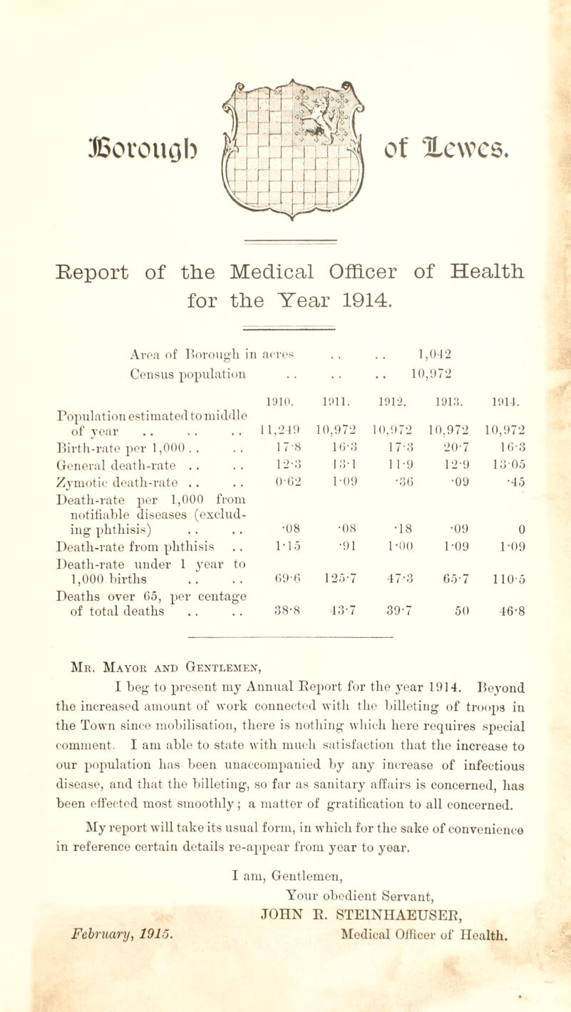 of jLcwcs. ffiorouob Report of the Medical Officer of Health for the Year 1914. Area of Borough in acres Census population Population estimated to middle of year 1910. 11,249 Birth-rate per 1,000 17-8 General death-rate . . 12-3 Zymotic death-rate . . 0-02 Death-rate per 1,000 from notifiable diseases (exclud¬ ing phthisis) •08 Death-rate from phthisis Wo Death-rate under 1 year to 1,000 births 69-6 Deaths over 65, per centage of total deaths 38-8 1,012 10,972 1911. 1912. 1913. 1914. 10,972 10,972 10,972 10,972 16-3 17-3 20-7 16-3 13-1 11-9 12-9 13 05 1-09 •36 •09 •45 •08 T8 •09 0 •91 POO P09 1-09 125-7 47-3 65-7 110-5 43-7 39-7 50 46-8 Mr. Mayor and Gentlemen, I beg to present my Annual Report for the year 1914. Beyond the increased amount of work connected with the billeting of troops in the Town since mobilisation, there is nothing which here requires special comment. I am able to state with much satisfaction that the increase to our population has been unaccompanied by any increase of infectious disease, and that the billeting, so far as sanitary affairs is concerned, has been effected most smoothly; a matter of gratification to all concerned. My report will take its usual form, in which for the sake of convenience in reference certain details re-appear from year to year. I am, Gentlemen, Your obedient Servant, JOHN E. STE1NHAEUSEE, Medical Officer of Health. February, 1915.