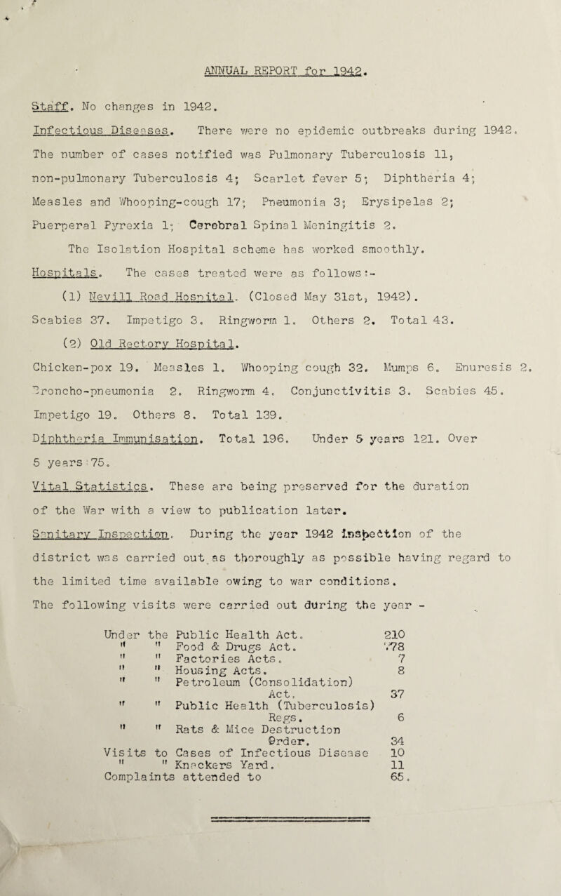 ANNUAL REPORT for 1942 Staff. No changes in 1942. Infectious Diseases. There were no epidemic outbreaks during 1942. The number of cases notified was Pulmonary Tuberculosis 11, non-pulmonary Tuberculosis 4; Scarlet fever 5* Diphtheria 4; Measles and Whooping-cough 17; Pneumonia 3; Erysipelas 2; Puerperal Pyrexia 1; Cerebral Spinal Meningitis 2. The Isolation Hospital scheme has worked smoothly. Hospitals. The cases treated were as follows (1) Nevill Road Hospital. (Closed May 31st, 1942). Scabies 37. Impetigo 3. Ringworm 1. Others 2. Total 43, (2) Old Rectory Hospital. Chicken-pox 19. Measles 1. Whooping cough 32. Mumps 6. Enuresis 2. Eroncho-pneumonia 2. Ringworm 4. Conjunctivitis 3. Scabies 45. Impetigo 19. Others 8. Total 139. Diphtheria Immunisation. Total 196. Under 5 years 121. Over 5 years 75. Vital Statistics. These are being preserved for the duration of the War with a view to publication later. Sanitary Inspection, During the year 1942 insjoeition of the district was carried out as thoroughly as possible having regard to the limited time available owing to war conditions. The following visits were carried out during the year - Under the Public Health Act. 210 it i» Food & Drugs Act. 778 ti ii Factories Acts. 7 it ii Housing Acts. 8 it ti Petroleum (Consolidation) Act, 37 it it Public Health (Tuberculosis) Regs. 6 ii ir Rats & Mice Destruction Order. 34 Vis its to Cases of Infectious Disease 10 it ti Knackers Yard. 11 Complaints 5 attended to 65.