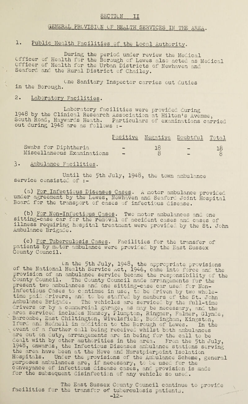 general provision of health services in the area. 1 • Public Health Facilities of the- Local Authority. During the period under review the Medical officer of Health for the Borough of Lewes also acted as Medical Officer of Health for the Urban Districts of Newhaven and Seaforc. and the Rural District of Chailey. One Sanitary Inspector carries out duties in the Borough. 2. Laboratory Facilities. Laboratory facilities were provided during 194b by the Clinical Research Association at Hilton's Avenue, South Road, Haywards Heath. Particulars of examinations carried out during 194b are as follows s- Positive Negative Doubtful Total Swabs for Diphtheria - 18 - l8 Miscellaneous Examinations - 8-8 3. Ambulance Facilities. Until the 5th July, 1948, the town ambulance service consisted of :~ _(a) For Infectious Diseases Cases. A motor ambulance provided under agreement by the Lewes, Newhaven and Seaforc Joint Hospital Board for the transport of cases of infectious disease. (b) For Non-Infectijus Cases. Two motor ambulances and one sitting-case.car for the removal of accident cases and cases of illness requiring hospital treatment were provided by the St. John Ambulance Brigade. (c) For Tuberculosis Cases. Facilities for the transfer of patients by motor ambulance were provided by the East Sussex County Council. dn the 5th July, 1948, the appropriate provisions of the National Health Service *ct, 1946, came into force and the provision of.an ambulance service became the responsibility of the County Council. The County Council made arrangements for the present two ambulances and one sitting-case car used for Ncn- Infectious Cases to c ntinue in use, to be driven by two whole- time paid drivers, and to be staffed by members of the St. John Ambulance Brigade. The vehicles are serviced by the full-time drivers or by a commercial garage, as may be necessary, and the area serviced includes Hamsey, Flumpton, Ringmer, Falmer, Glynde, Barcombe, East Chiltingtcn, WiveIsfieId, Boddingham, Kingston, Iford and Rodmell in addition to the Borough of Lewes. In the event of a further call being received whilst both ambulances are out.on duty, arrangements are in being for the call to be dealt with by other authorities in the area. From the 5th July, 1948, onwards, the Infectious Diseases ambulance stations serving the area have been at the Hove and Hurstpierpoint Isolation Hospitals. Under the provisions of the Ambulance Scheme, general purposes ambulances are, if necessary, to be used for the conveyance of infectious disease cases, and provision is made for the subsequent disinfection of any vehicle so used.. The East Sussex County Council continue to provide facilities for the transfer of tuberculosis patients. -12-