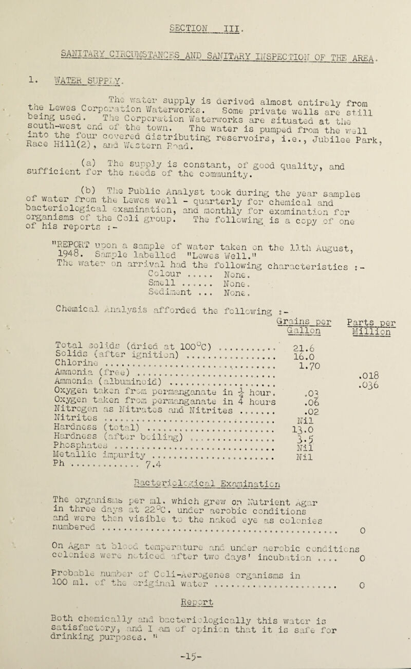 SECTION III. §M?jMX_Cl£CTjM^NC.g;S_AND__SANIT>iRY INSPECTION OF THE AREA. 1, WATER SUPPLY. „ The water supply is derived almost entirely from thy Lewes^Corporation Waterworks. Some private wells are still oeing usea. _The Corporation Waterworks are situated at the scutn-west end of the town. The water is pumped from the w-11 IN mf1/oVr 0,}^o distributing reservoirs, i.e., Jubilee'park. Race Hill(2), and Western F^ad. (a) The supp3.y is constant, of good quality, and sailiclent ior the needs of the community. (b) The Public Analyst took during the year samples of water from the Lewes well - quarterly for chemical and bacteriological examination, and monthly for examination for organisms of the Coli group. The following is a copy of one of his reports ;- ^ ”REPORT upon a sample of water taken on the 11th August, 194-0. Sample labelled Lewes Well. Tuu water on arrival had the following characteristics ;- Colour ..... None. Smell c.o.oo None. loeQimcnt ... None. Chemical. Analysis afforded the following s — Grains per Gallon O 0 o 0 0 0000*000000 ecooccoooocc OOOOOOOO 00000* *00 Total solids (dried at 100°C) Solids (after ignition) Chlorine ............... Ammonia (free) ..... Ammonia (albuminoid) Oxygen taken from permanganate in hour. Oxygen taken from permanganate in 4 hours Nitrogen as Nitrates and Nitrites Nitrites ....... Hardness (total) Hardness (after boiling) Phosphates Metallic impurity Ph n a -il .O ...... .0... / ooooooooooeo 0 0 0 *o 00*0000000 cooocooooooooooo 0 0 0 000*000000*0 0 0 ® • * o*>oooo«ooo»eoo*ooo e o O e OOc-90000otCOCC>0 21.6 16.0 1.70 .03 • Oh .02 Nil 13.0 3.5 Nil Nil Parts per Million .018 .036 Lacter1olcgical Examination The organisms per ml. which grew on Nutrient s.gar in three days at 22'JC . under aerobic conditions and were then visible to the naked eye as colonies numbered 0 0*0*00 ...... 0.00. 0 On Agar at oIoog temperature and under aerobic conditions colonies were noticed after two days' incubation .... 0 Probable number of Ccli-Aerogenes organisms in 100 ml. of the original water 00*000**0*00000 o o o o o • 0 Report Both chemically and bacteriologically this water is satisfactory, and I am of opinion that it is safe for drinking purposes.  -15-