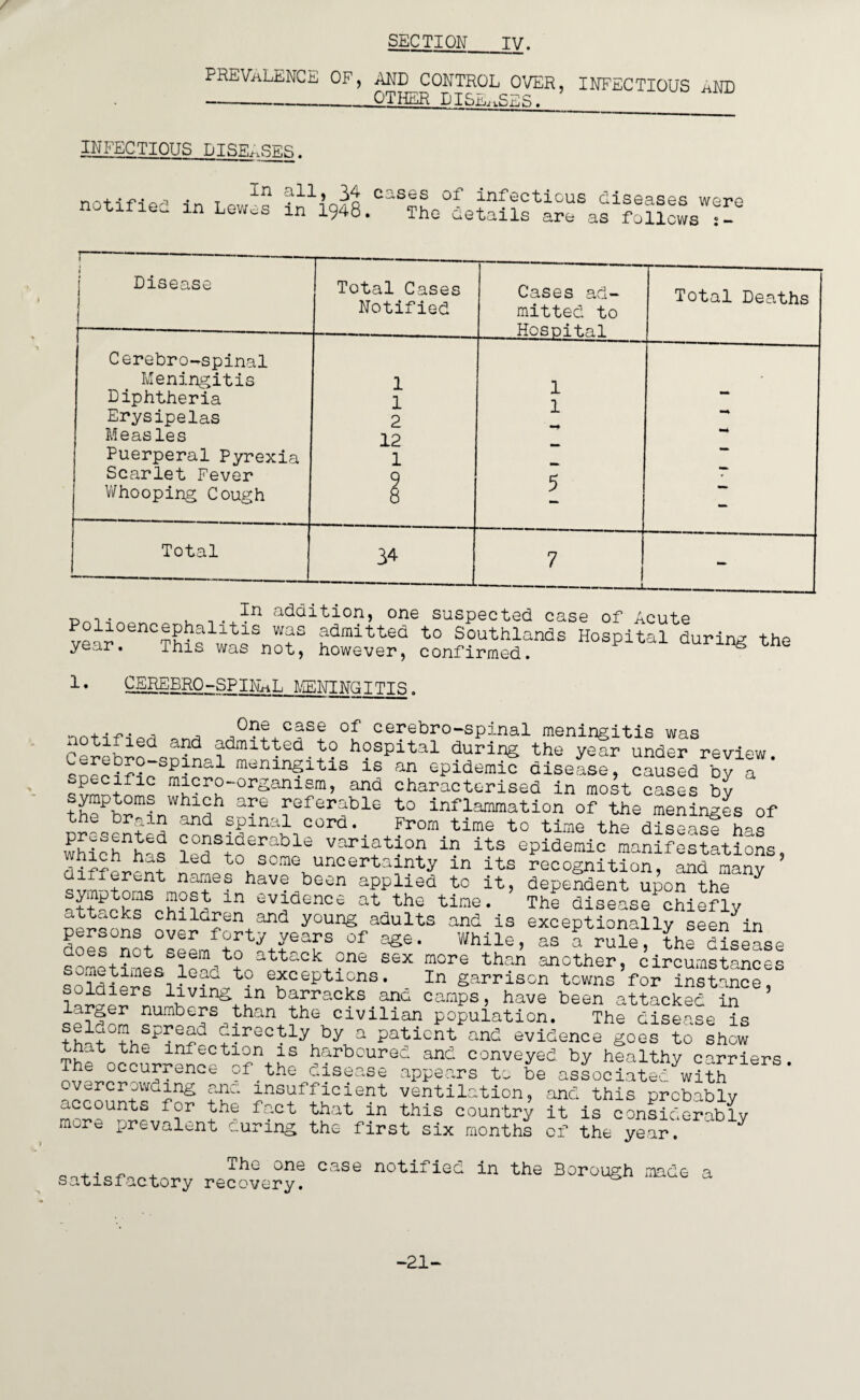 prevalence of, and CONTROL OVER, INFECTIOUS and -OTHER BISE..SES. INFECTIOUS PISE,;,SF.fi. notified in LewS i Disease Total Cases Notified Cases ad¬ mitted to Hospital Total Deaths Cerebrospinal Meningitis 1 n - Diphtheria 1 JL 1 Erysipelas 2 J. Measles 12 •■4 Puerperal Pyrexia 1 Scarlet Fever cr Whooping Cough 0 — Total 34 7 -- - . . Ih addition, one suspected case of Acute Polioencephaiitis was admitted to Southlands Hospital during the year. This was not, however, confirmed. ^ 1• CEREERO-SPINAL MENINGITIS. , -,^^e case cerebro-spinal meningitis was Ce^ebiodqn?n4dmit^eCl* + ° h?sPital durinS the year under review. c!L?fl P J meningitis is an epidemic disease, caused by a qSmntnmQ '°rSani£m ? and characterised in most cases by the br referable to inflammation of the meninges of the brain and spinal cord. From time to time the disease has whichnh£s ™erable variation in its epidemic manifestations, different J™i°hS°C1\“tlCei'ta^ty in its recoShition, and many different names have been applied to it, dependent upon the ^ symptoms most m evidence at the time. The disease1chiefly attacks children and young adults and is exceptionally seen^^in does°Sot0seLft0otytfar °f ^ While> * rule,theTisease ti l ^ attack one sex more than -another, circumstances • t? ejcepticns. In garrison towns for instance, ioi^SrS livin£ an barracks ana camps, have been attacked in larger numbers than the civilian population. The disease is goes to show seldom spread directly by a patient and evidence that tne infection is harboured and conveyed by healthy carriers The occurrence of the disease appears to be associated with overcrowuing anc insufficient ventilation, and this probably nor°Unievn?rnth^ faCt this GOun'try it is considerably more prevalent curing the first six months of the year. + one case notified in the Borough made a satisfactory recovery. -21“