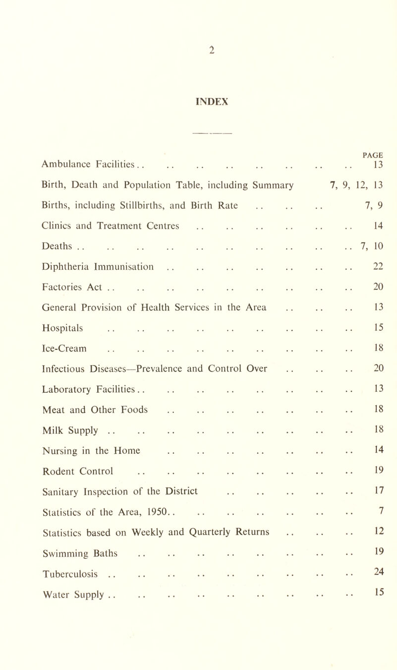 INDEX Ambulance Facilities . . PAGE 13 Birth, Death and Population Table, including Summary 7, 9, 12, 13 Births, including Stillbirths, and Birth Rate 7, 9 Clinics and Treatment Centres 14 Deaths 7, 10 Diphtheria Immunisation 22 Factories Act 20 General Provision of Health Services in the Area 13 Hospitals 15 Ice-Cream 18 Infectious Diseases—Prevalence and Control Over 20 Laboratory Facilities 13 Meat and Other Foods 18 Milk Supply 18 Nursing in the Home 14 Rodent Control 19 Sanitary Inspection of the District 17 Statistics of the Area, 1950.. 7 Statistics based on Weekly and Quarterly Returns 12 Swimming Baths . 19 Tuberculosis .. .. 24 Water Supply .. . • • • • 15